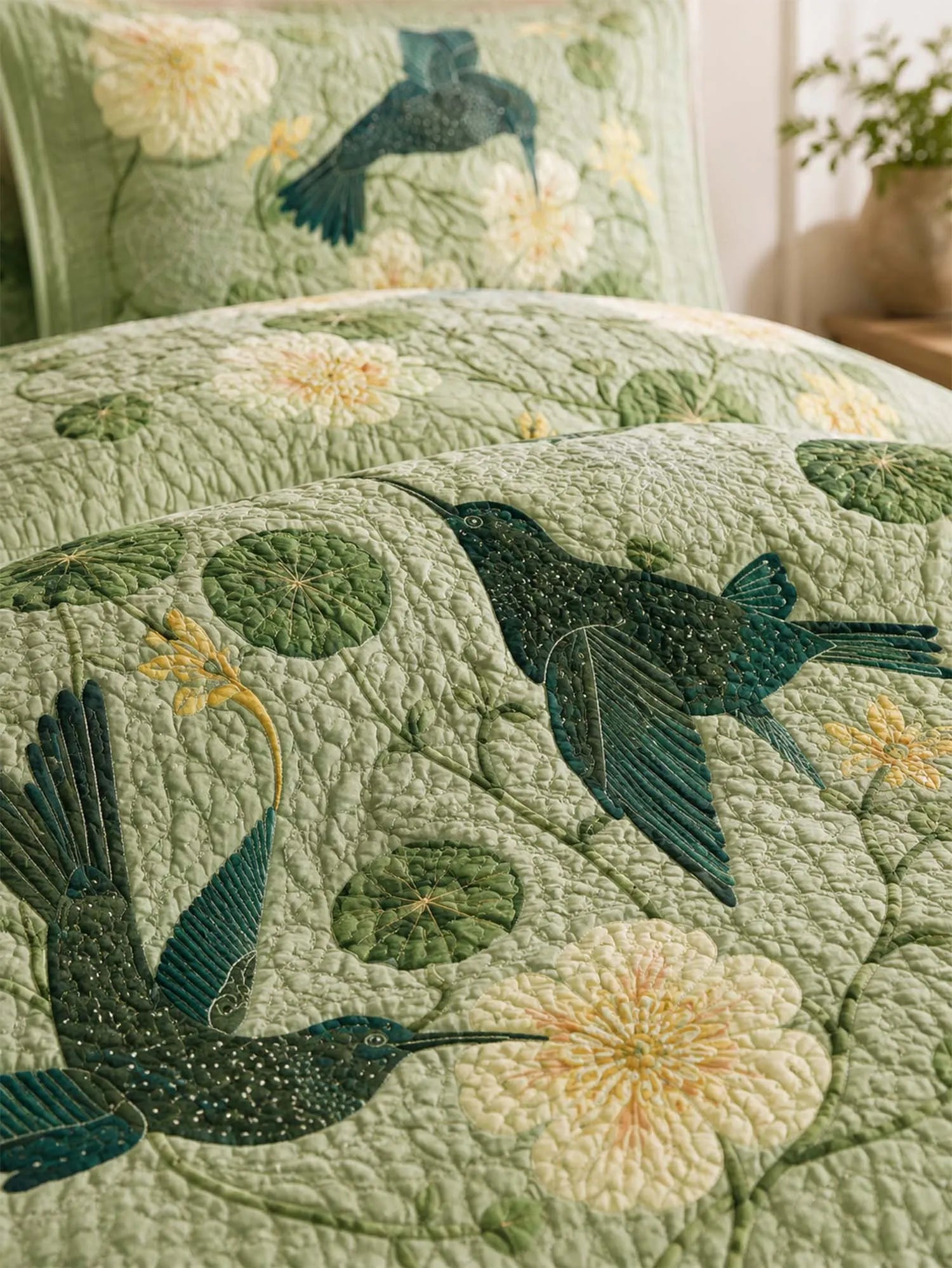 Hummingbird Botanical Garden Quilted 3-Piece Bedding Set