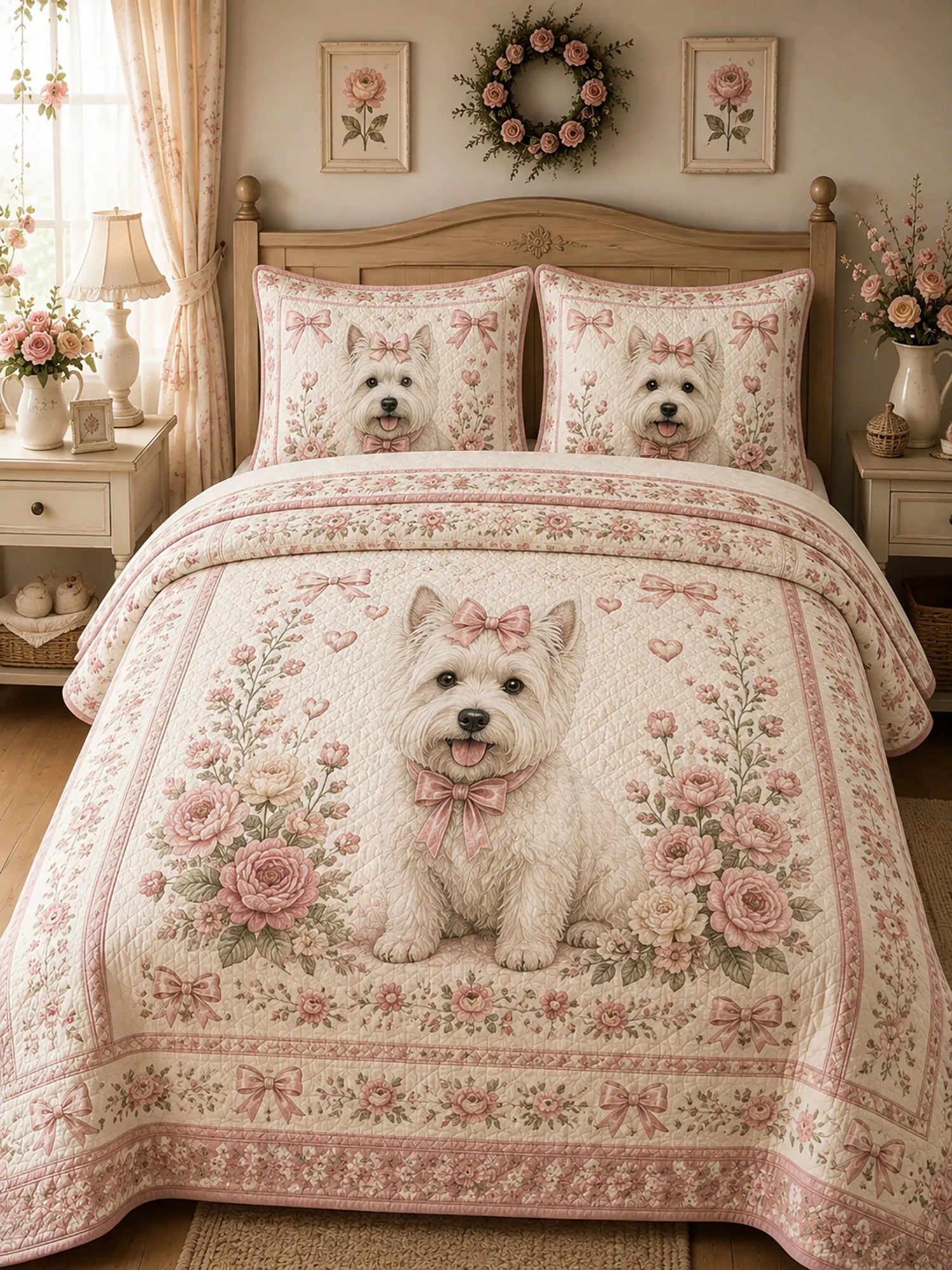 Vintage Westie Rose Bow 3‐Piece Quilted Bedding Set