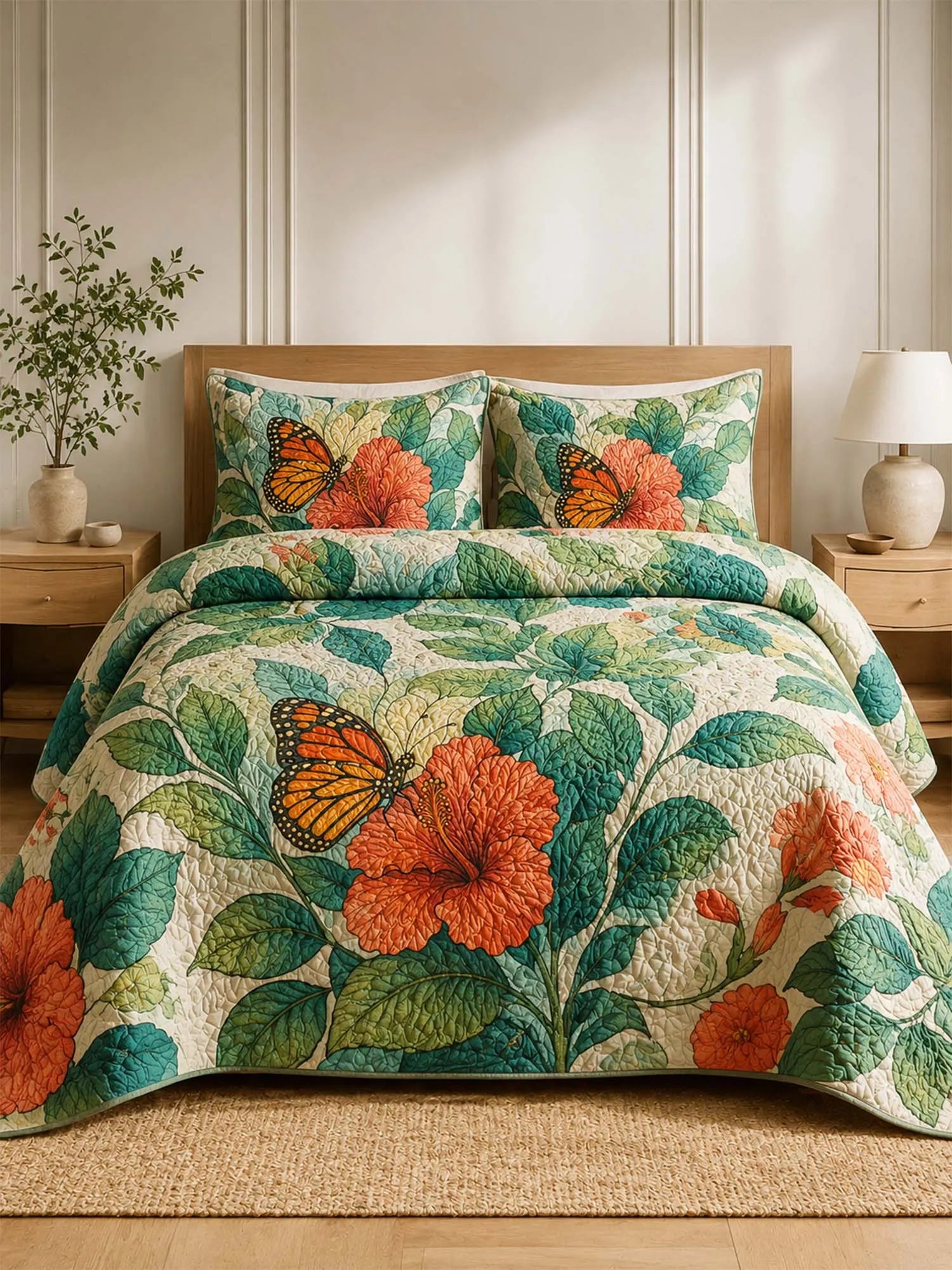 Monarch Butterfly Floral Garden Quilted 3-Piece Bedding Set