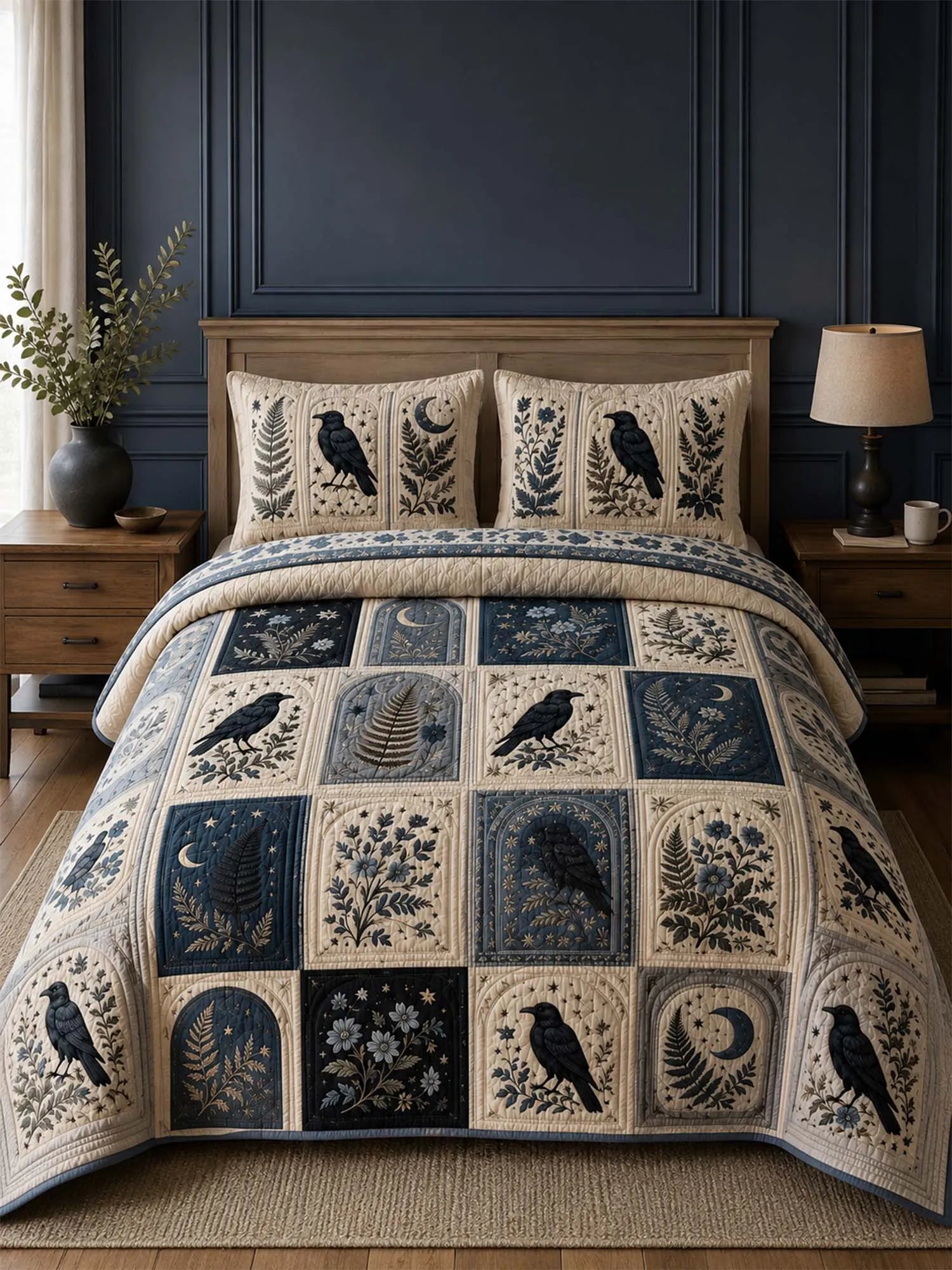 Raven Moonlit Patchwork Quilted 3-Piece Bedding Set