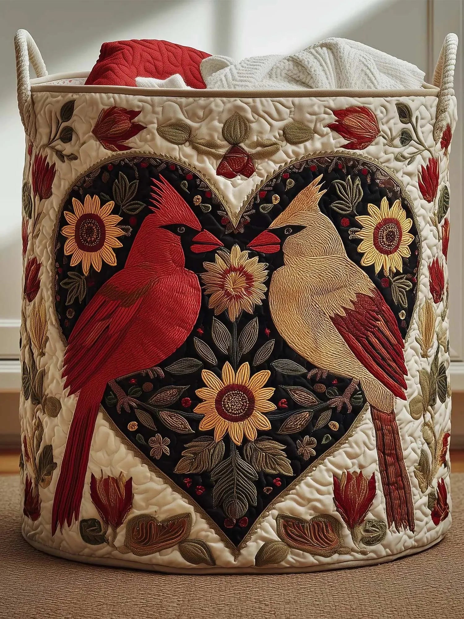 Cardinal Pair Quilted Laundry Basket