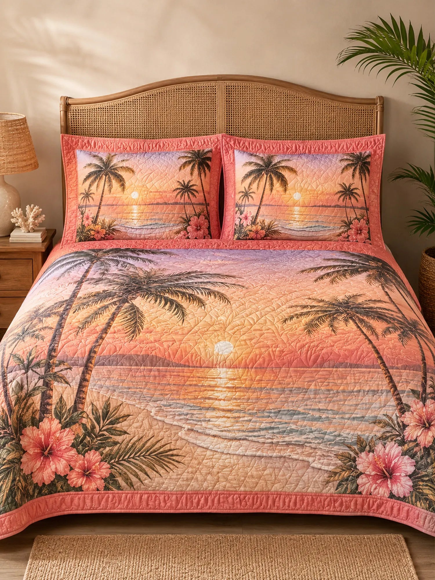 Tropical Sunset Palm Tree 3-Piece Quilted Bedding Set