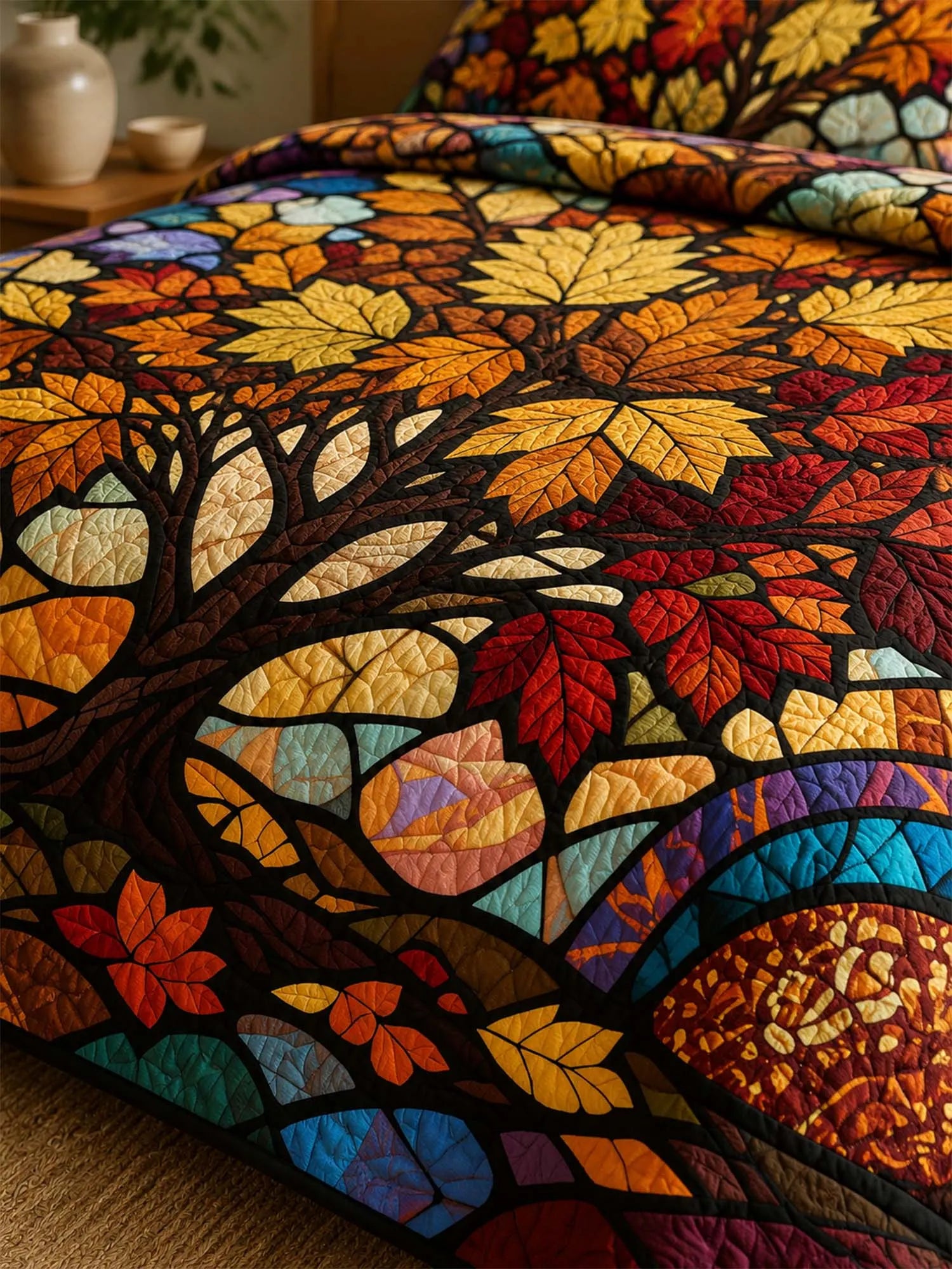 Autumn Tree of Life Quilted 3-Piece Bedding Set – Stained Glass Harvest Quilted Bedding With Matching Pillow Shams