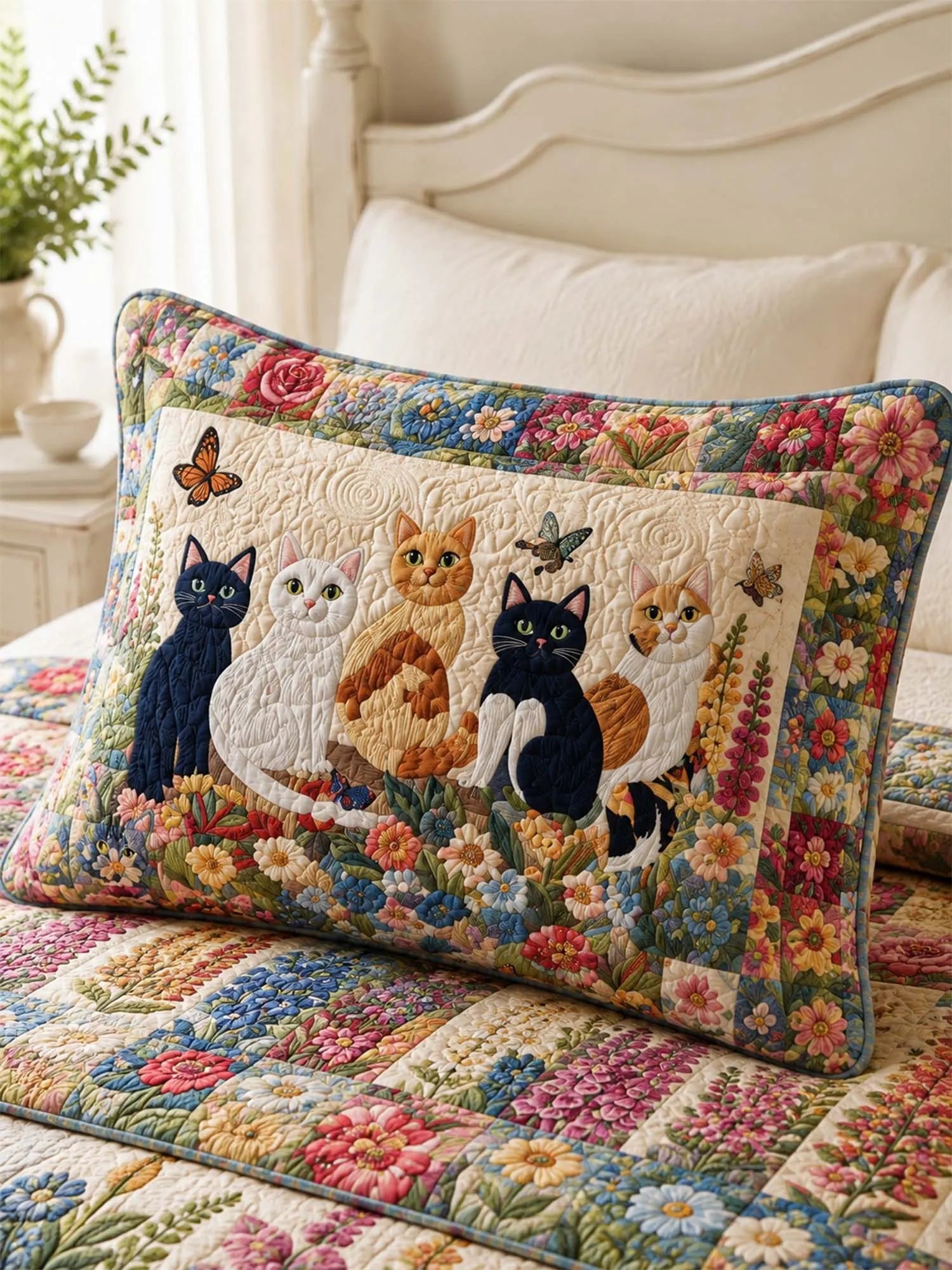 Wildflower Cat Garden Quilted 3-Piece Bedding Set