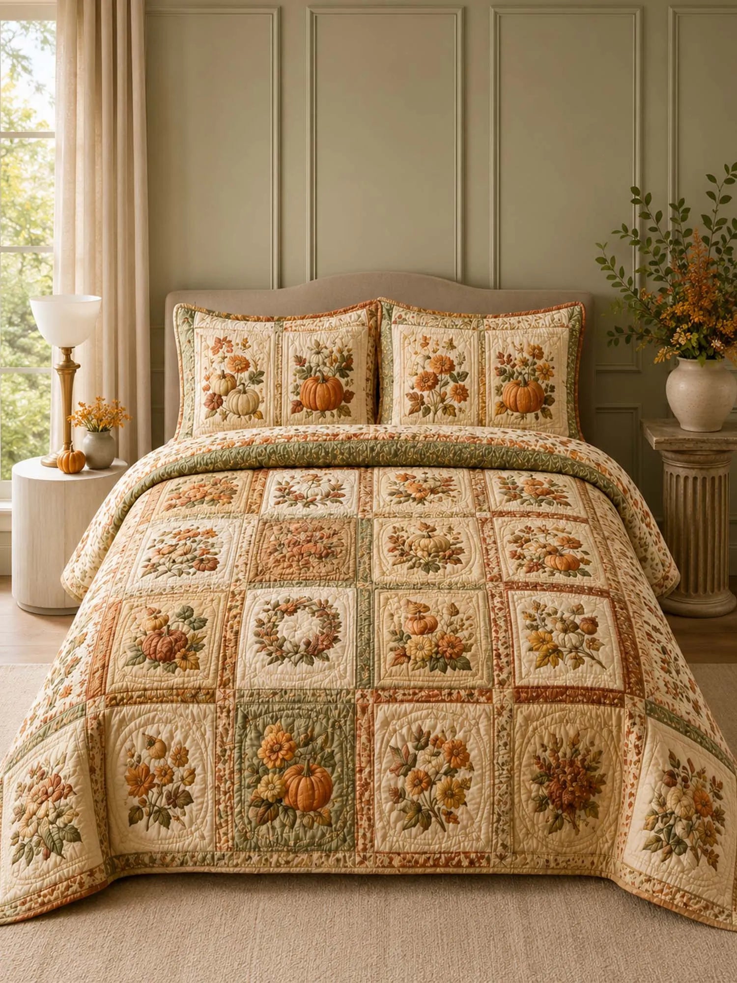 Pumpkin Harvest Quilted 3-Piece Bedding Set – Vintage Farmhouse Quilted Bedding With Matching Pillow Shams
