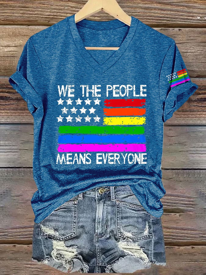 V-Neck Retro We The People Means Everyone Print T-Shirt