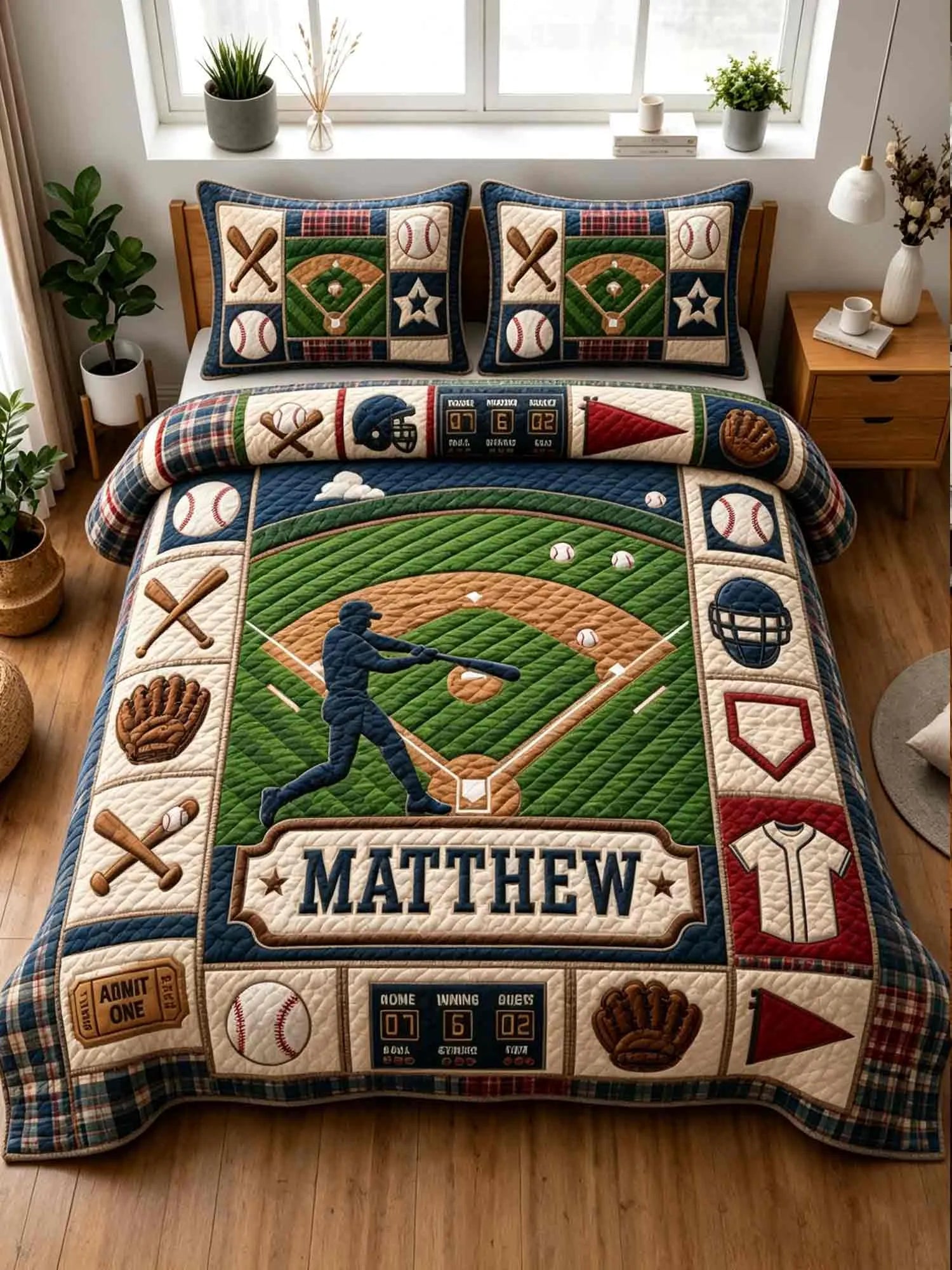 Personalized Baseball Player Field 3-piece quilted bedding set
