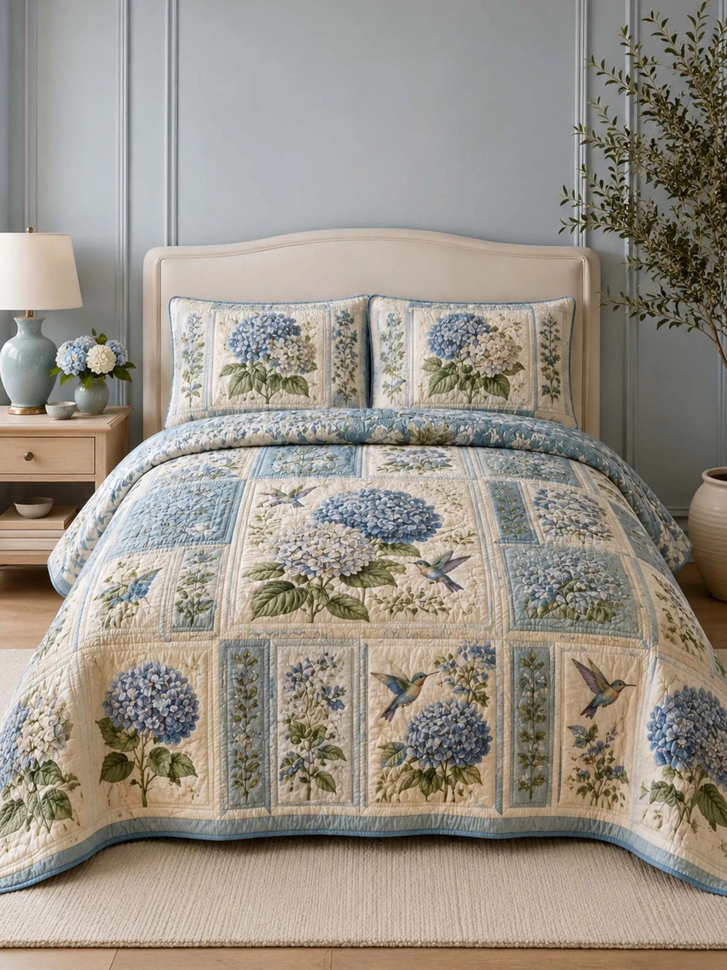 Blue Hydrangea Quilted 3-Piece Bedding Set – Classic Americana Quilted Bedding With Matching Pillow Shams