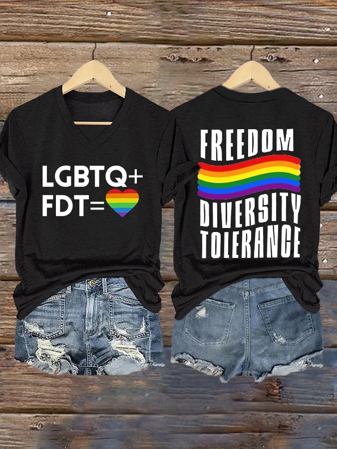 V-Neck Retro FDT Freedom Diversity Tolerance Print T-Shirt