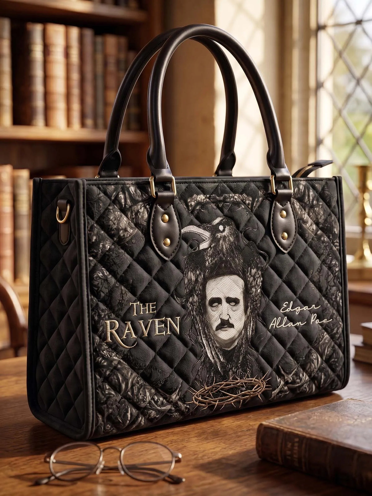 Dark Romantic Raven Quilted Leather Strap Bible Handbag