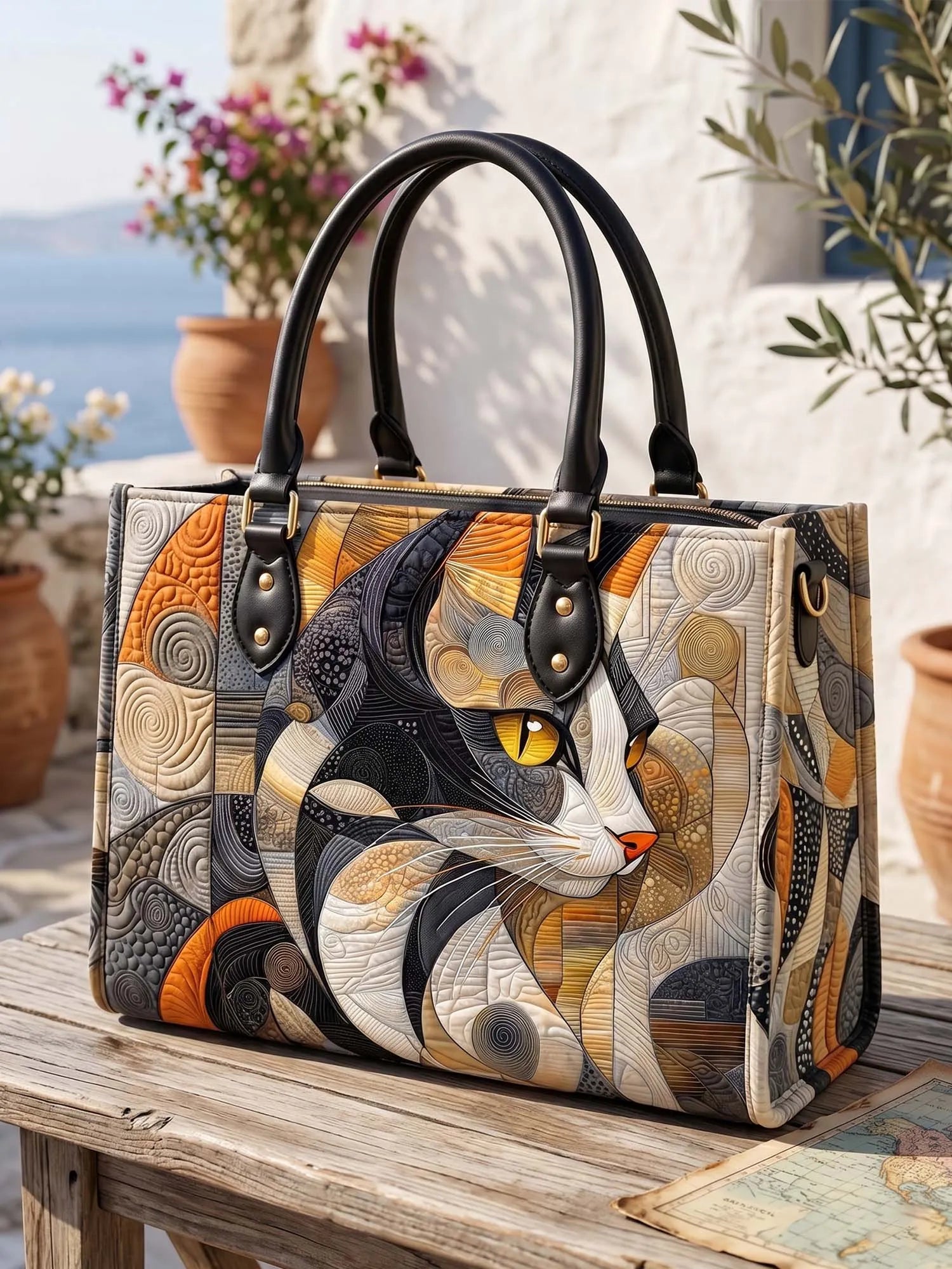 Art Cat Quilted Leather Strap Bible Handbag