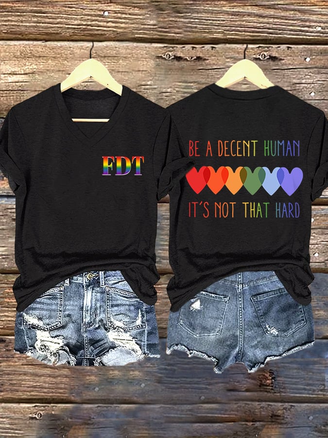 V-Neck Retro FDT Be A Decent Human It's Not That Hard Print T-Shirt