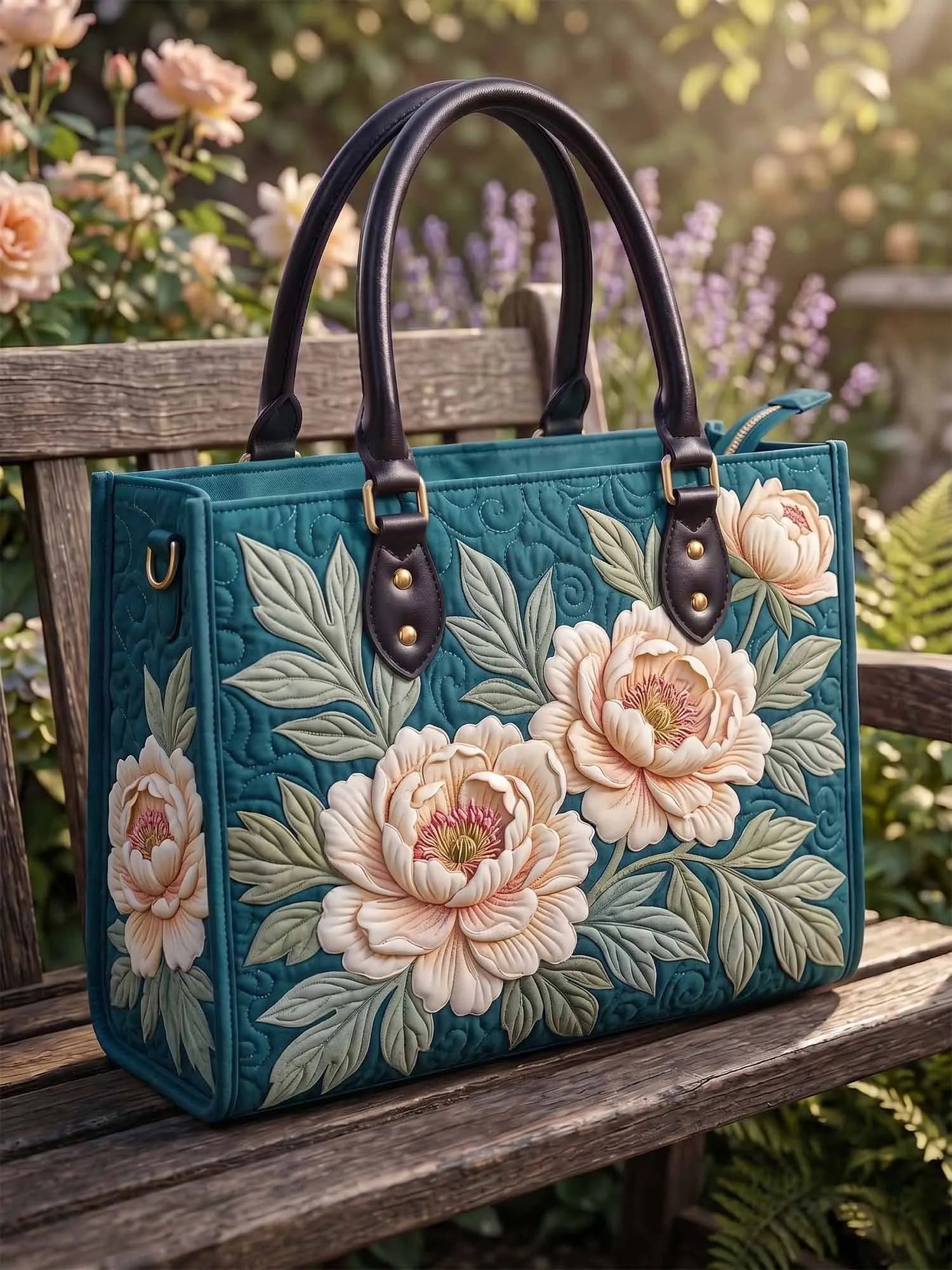 Teal Peony Floral Quilted Leather Strap Bible Handbag