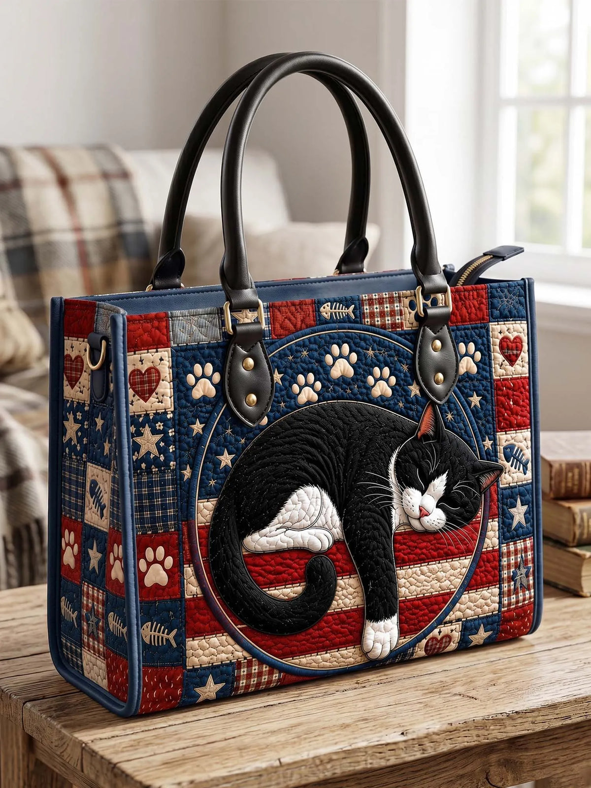 Patriotic Kitty Quilted Leather Strap Bible Handbag