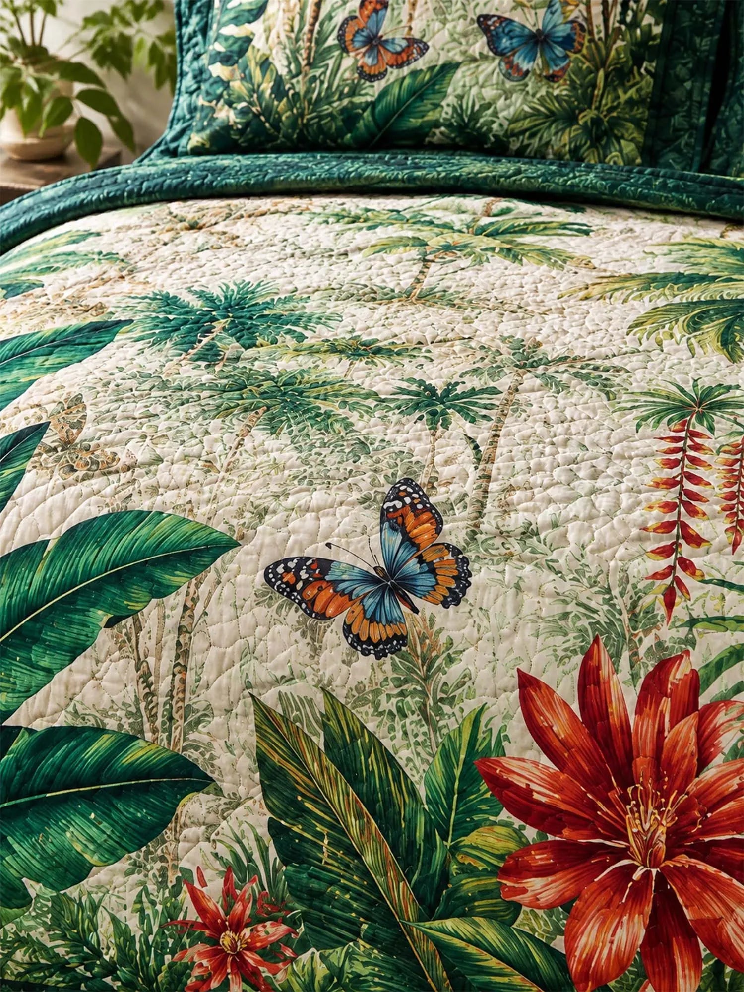Tropical Botanical Quilted 3-Piece Bedding Set – Luxury Quilted Bedding with Matching Pillow Shams