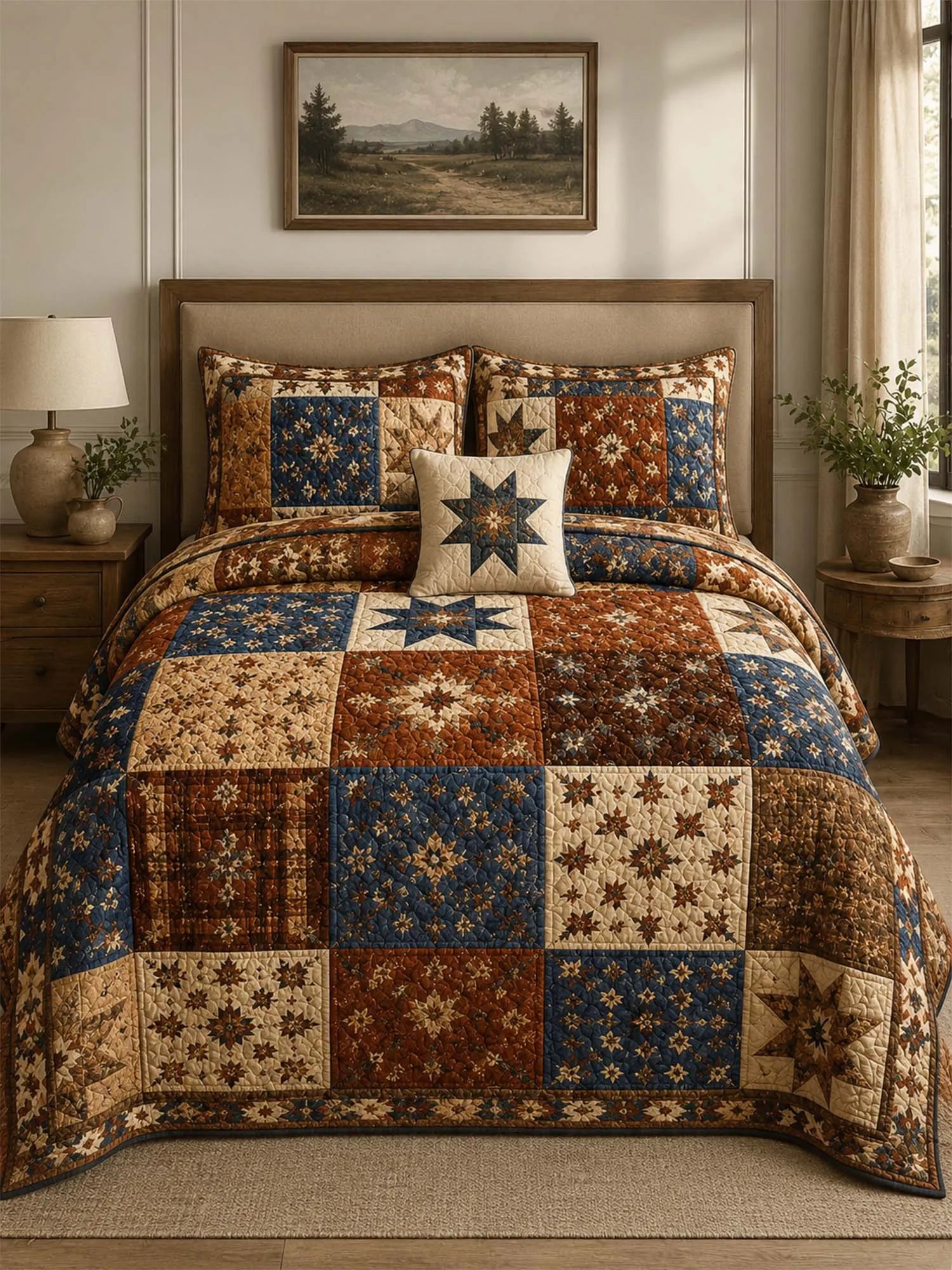 Vintage Patchwork Star Quilted 3-Piece Bedding Set – Heritage Farmhouse Quilted Bedding with Matching Pillow Shams