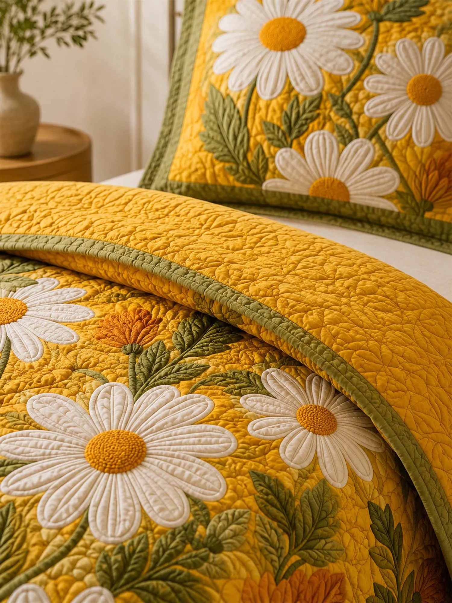 Golden Daisy Garden Quilted 3-Piece Bedding Set