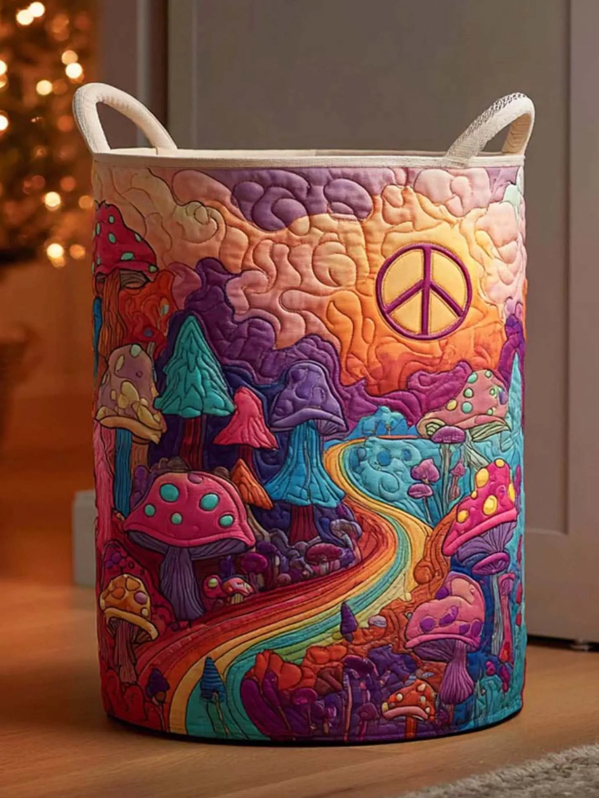 Hippie Mushroom Peace Quilted Laundry Basket