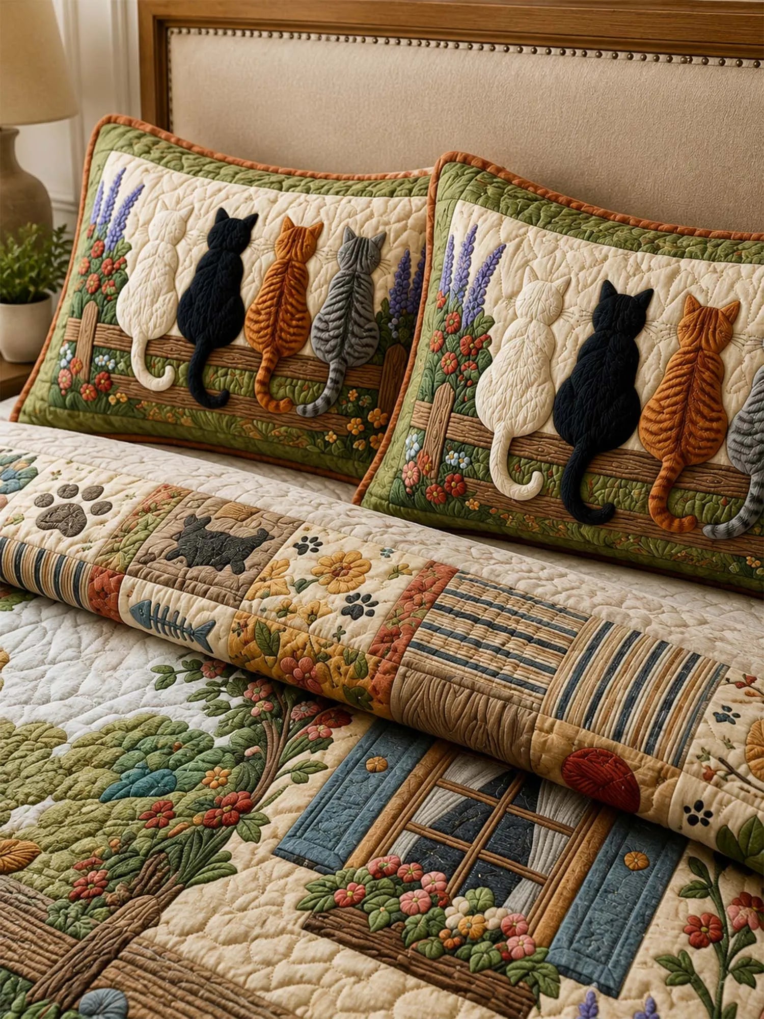 Woodland Cat Garden Quilted 3-Piece Bedding Set
