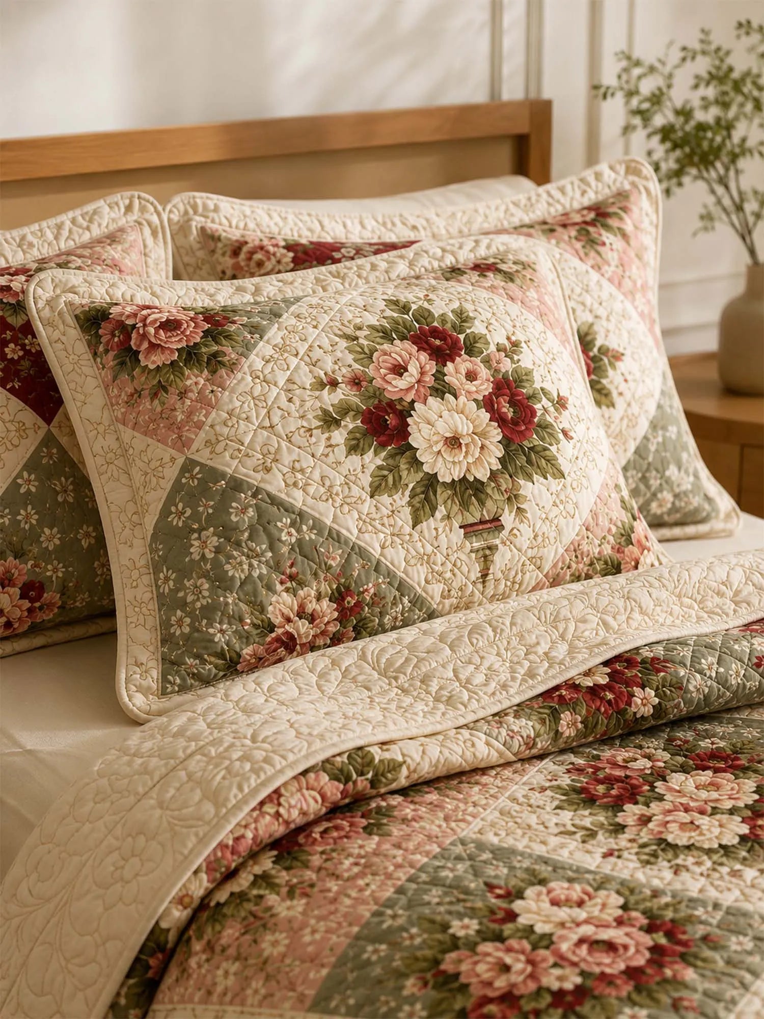 Vintage Rose Garden Quilted 3-Piece Bedding Set
