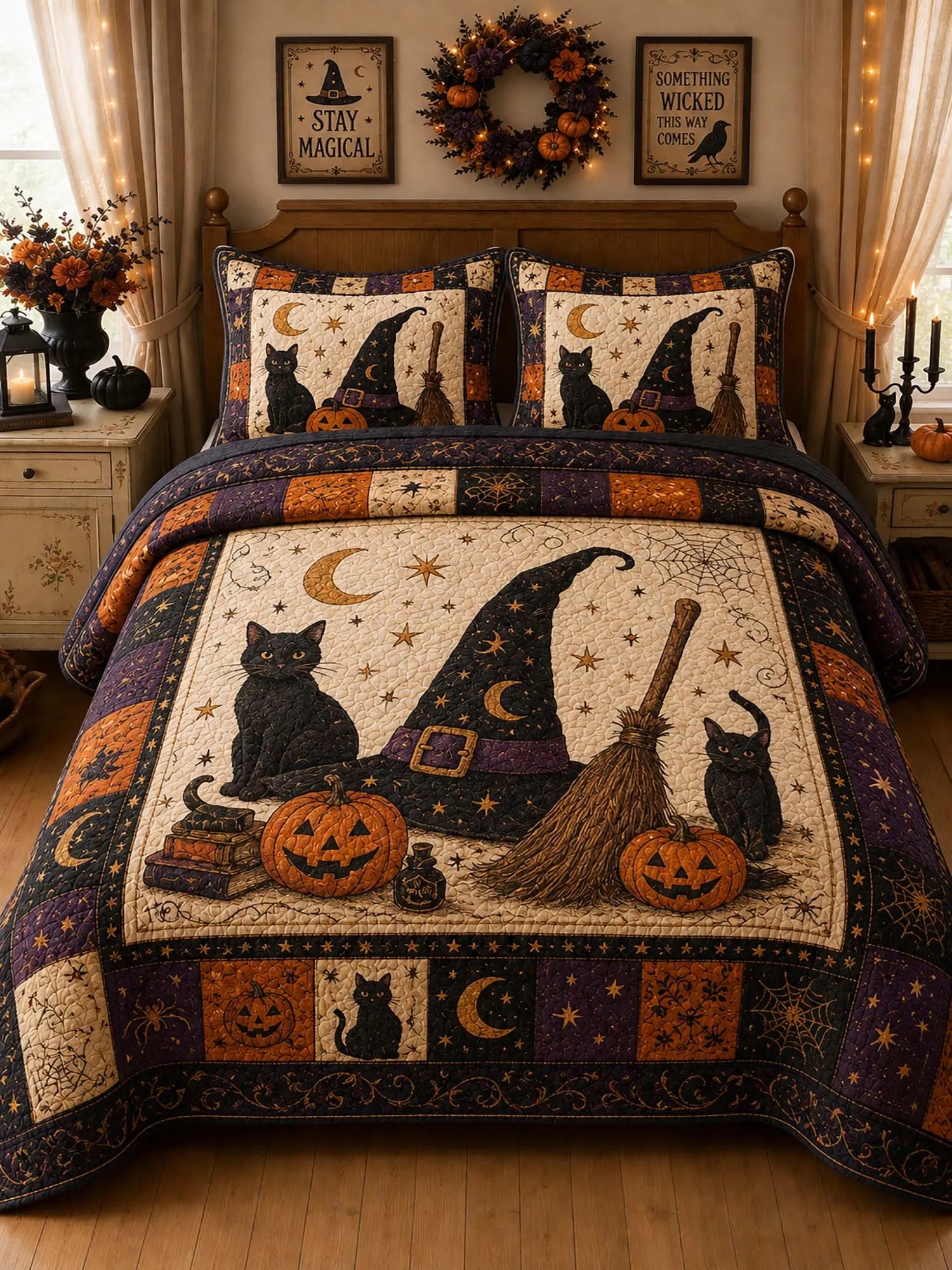 Vintage Witch Hat Black Cat Pumpkin Halloween Patchwork 3‐Piece Quilted Bedding Set