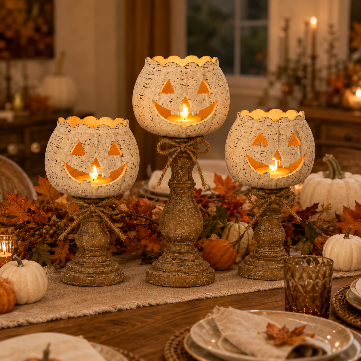 Rustic White Pumpkin Tealight Candle Holder Set of 3