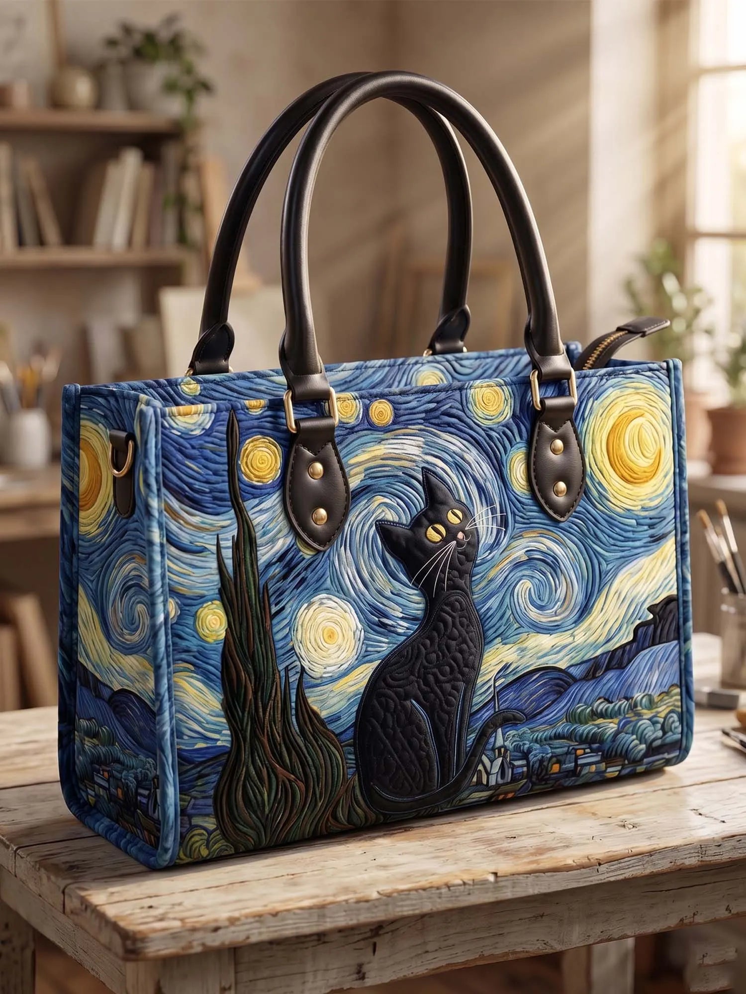 Starry Night And Cat Quilted Leather Strap Bible Handbag