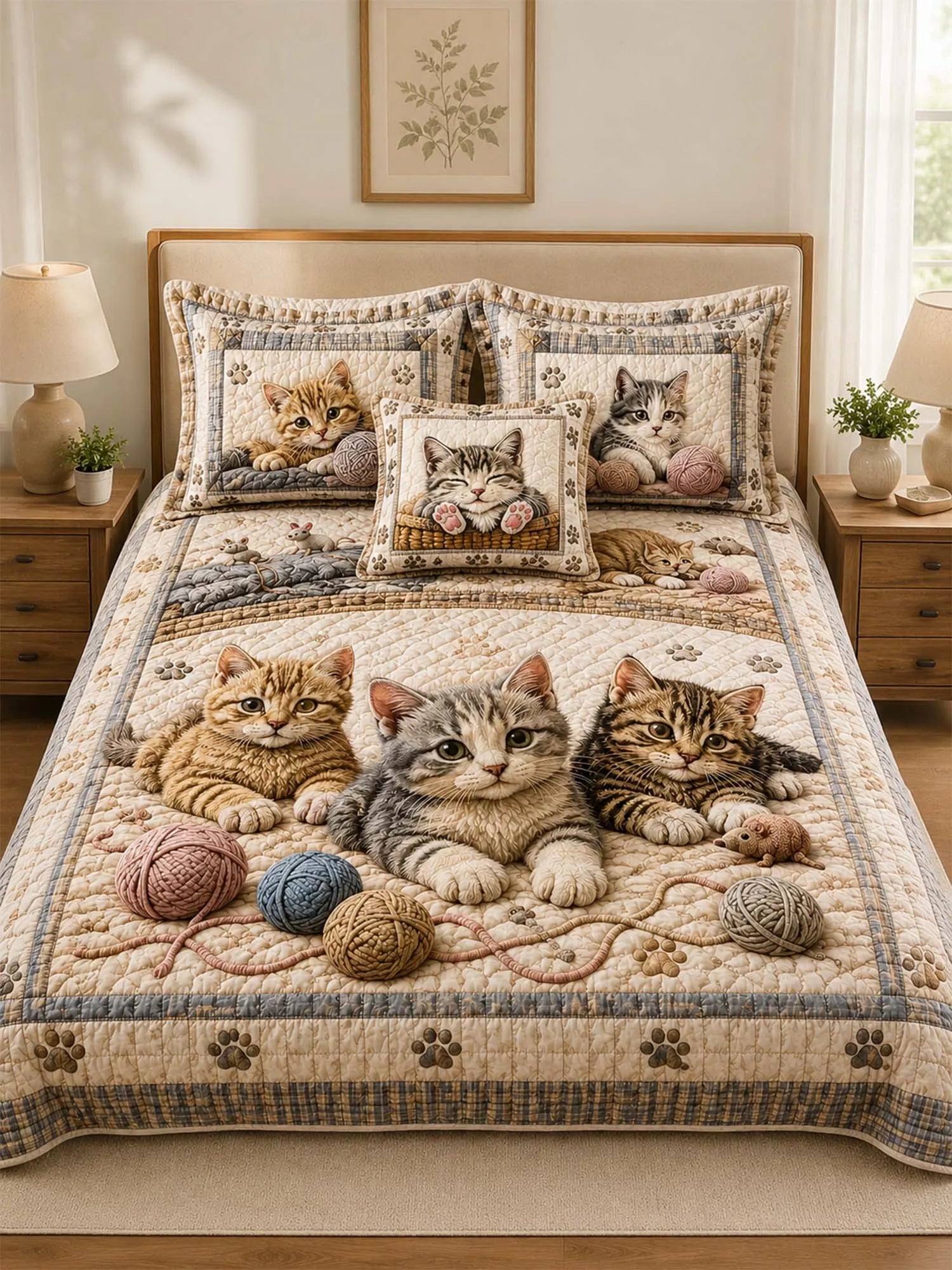 Cat Lovers Cozy Yarn Quilted 3-Piece Bedding Set