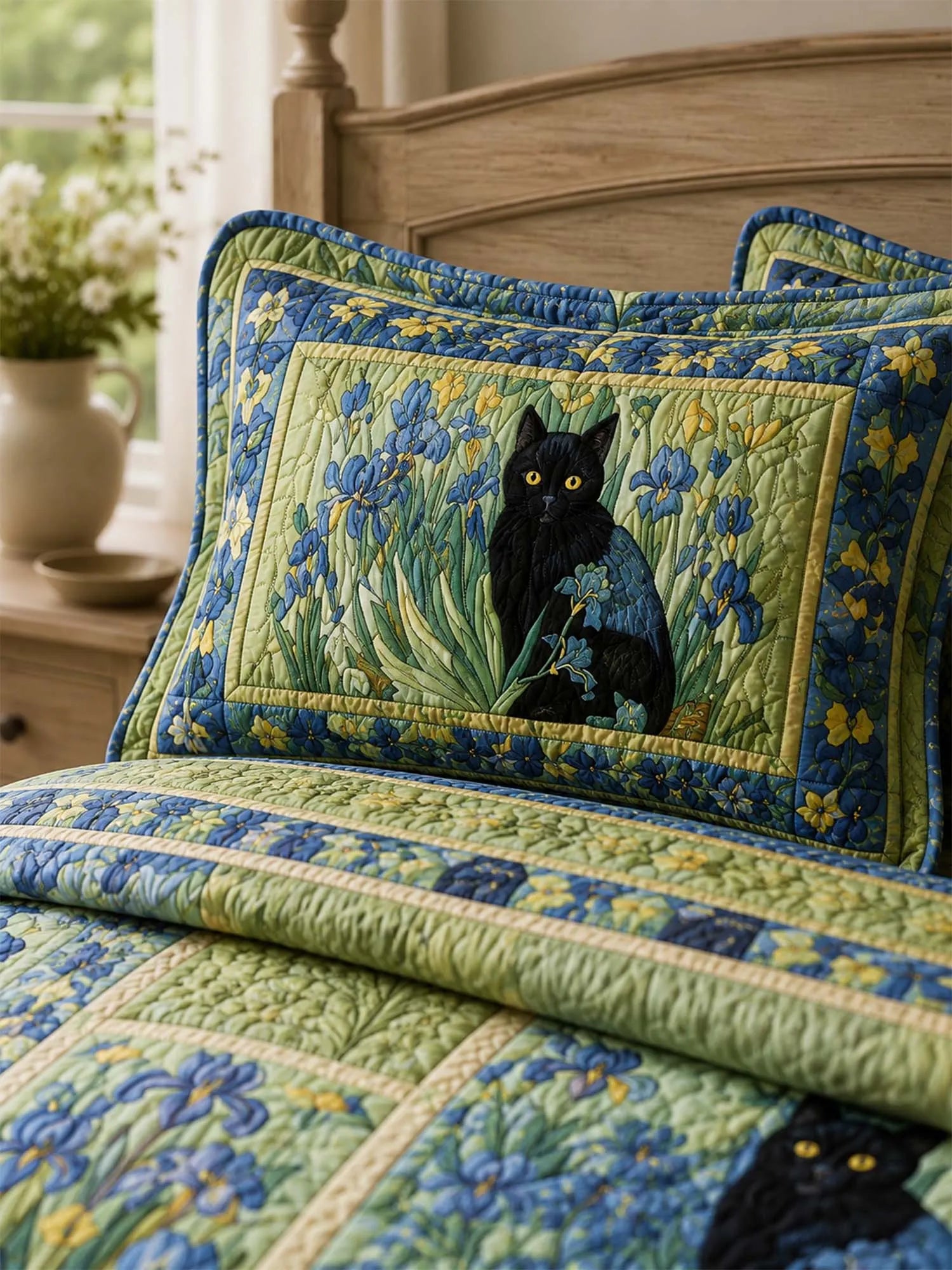 Blue Iris Cat Garden Quilted 3-Piece Bedding Set