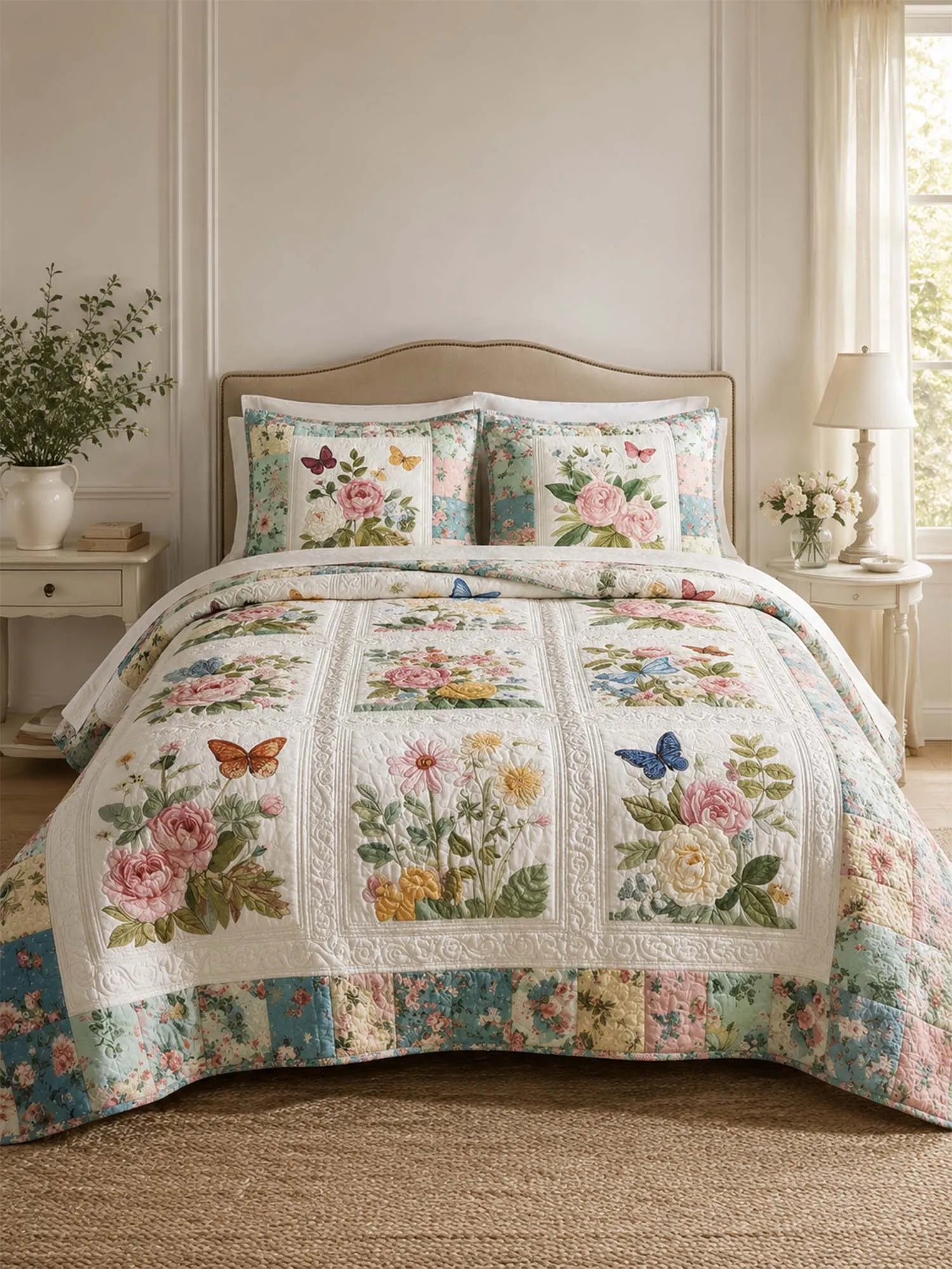 Vintage Floral Garden Quilted 3-Piece Bedding Set