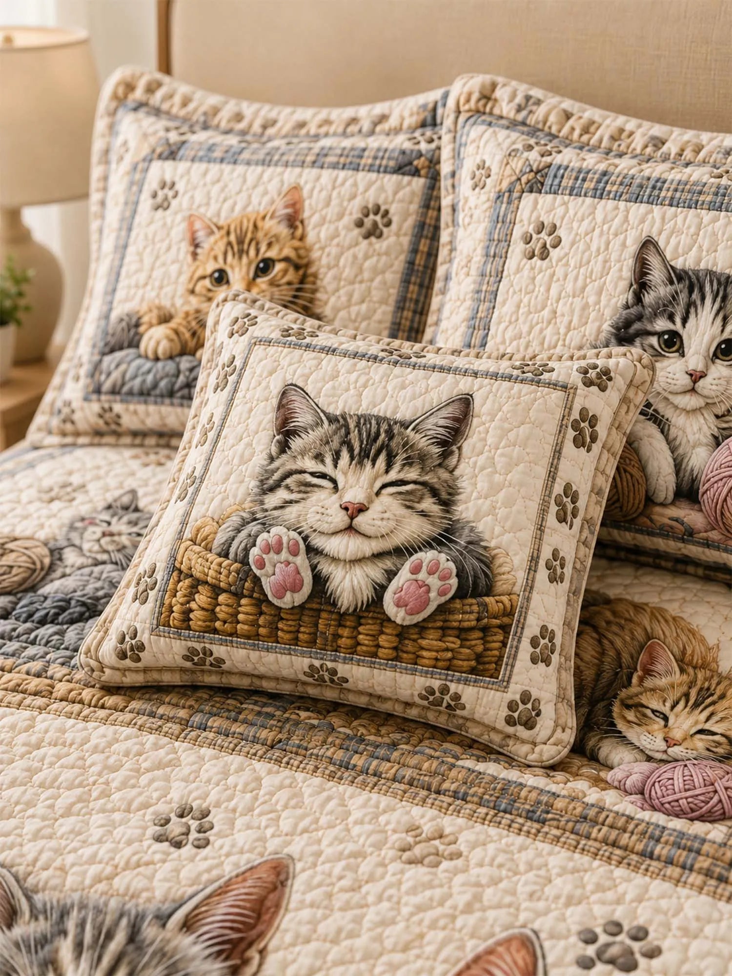 Cat Lovers Cozy Yarn Quilted 3-Piece Bedding Set