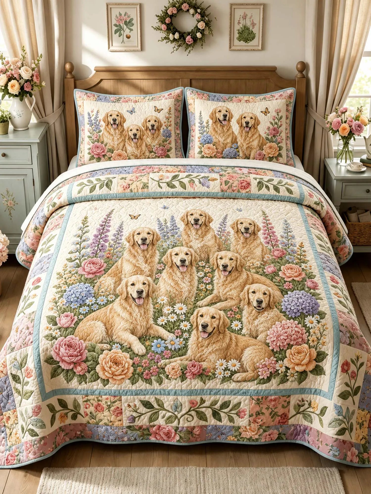 Golden Retriever Garden Gathering 3-Piece Quilted Bedding Set