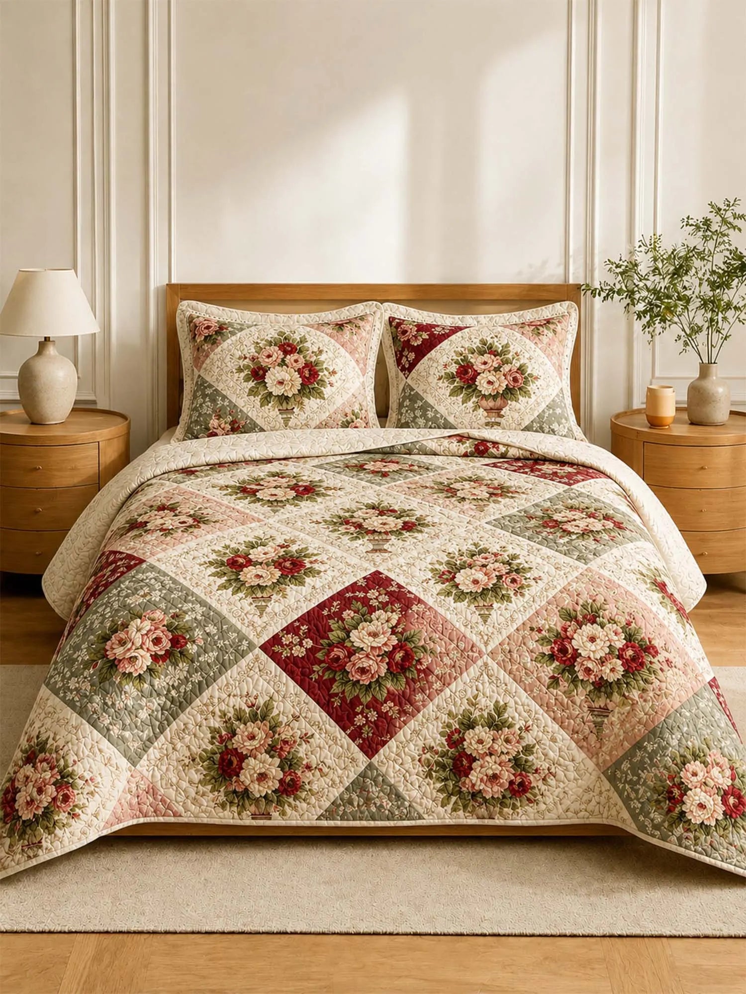Vintage Rose Garden Quilted 3-Piece Bedding Set
