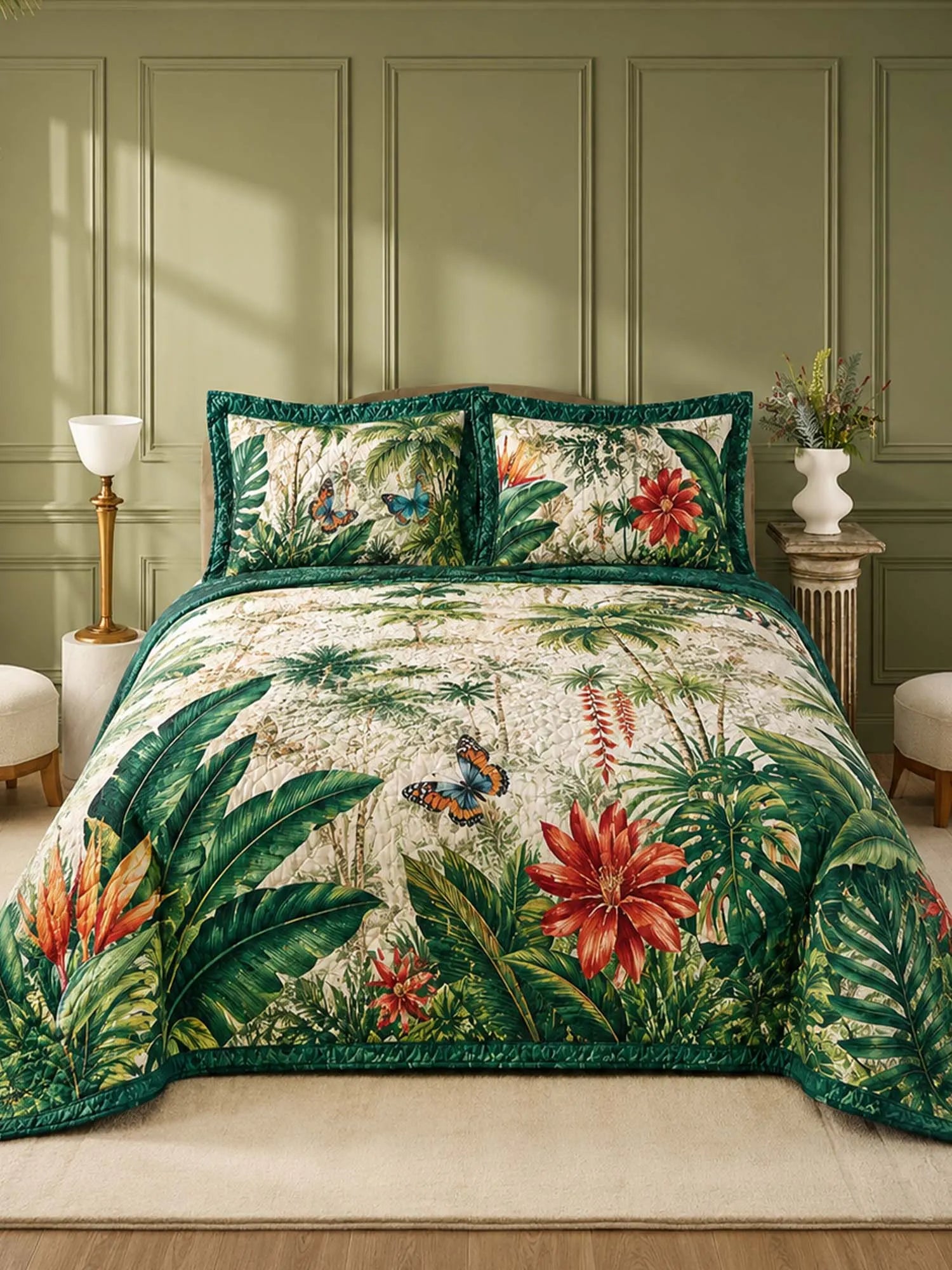 Tropical Botanical Quilted 3-Piece Bedding Set – Luxury Quilted Bedding with Matching Pillow Shams