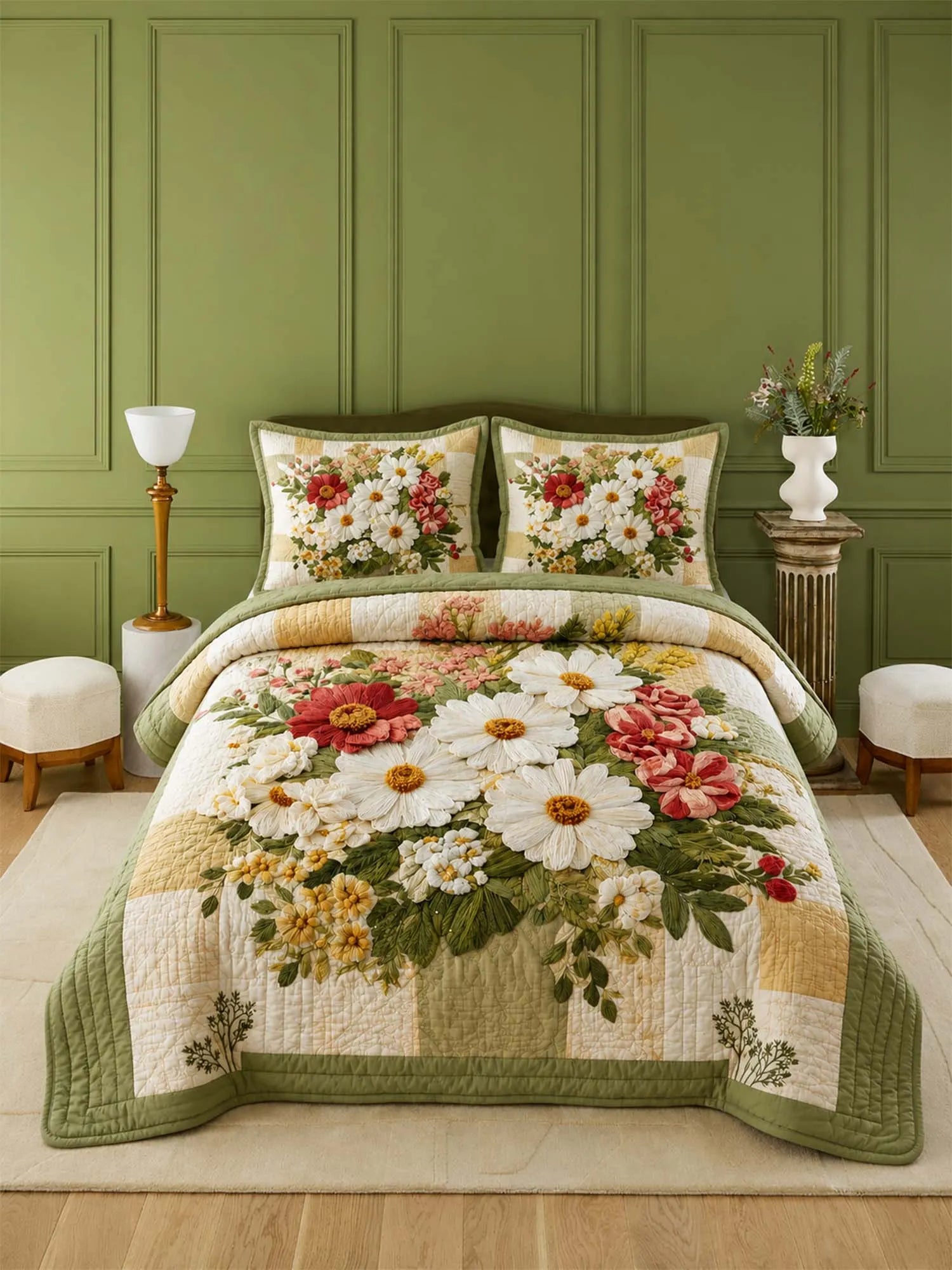 Meadow Daisy Blossom Quilted 3-Piece Bedding Set