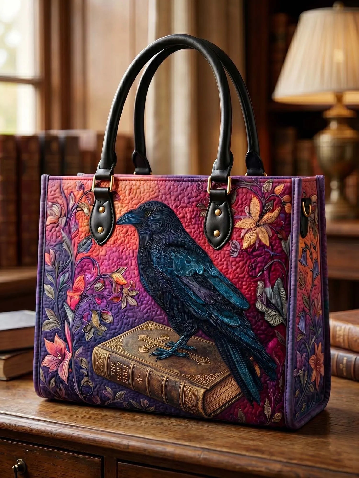 Bible And Raven Quilted Leather Strap Bible Handbag