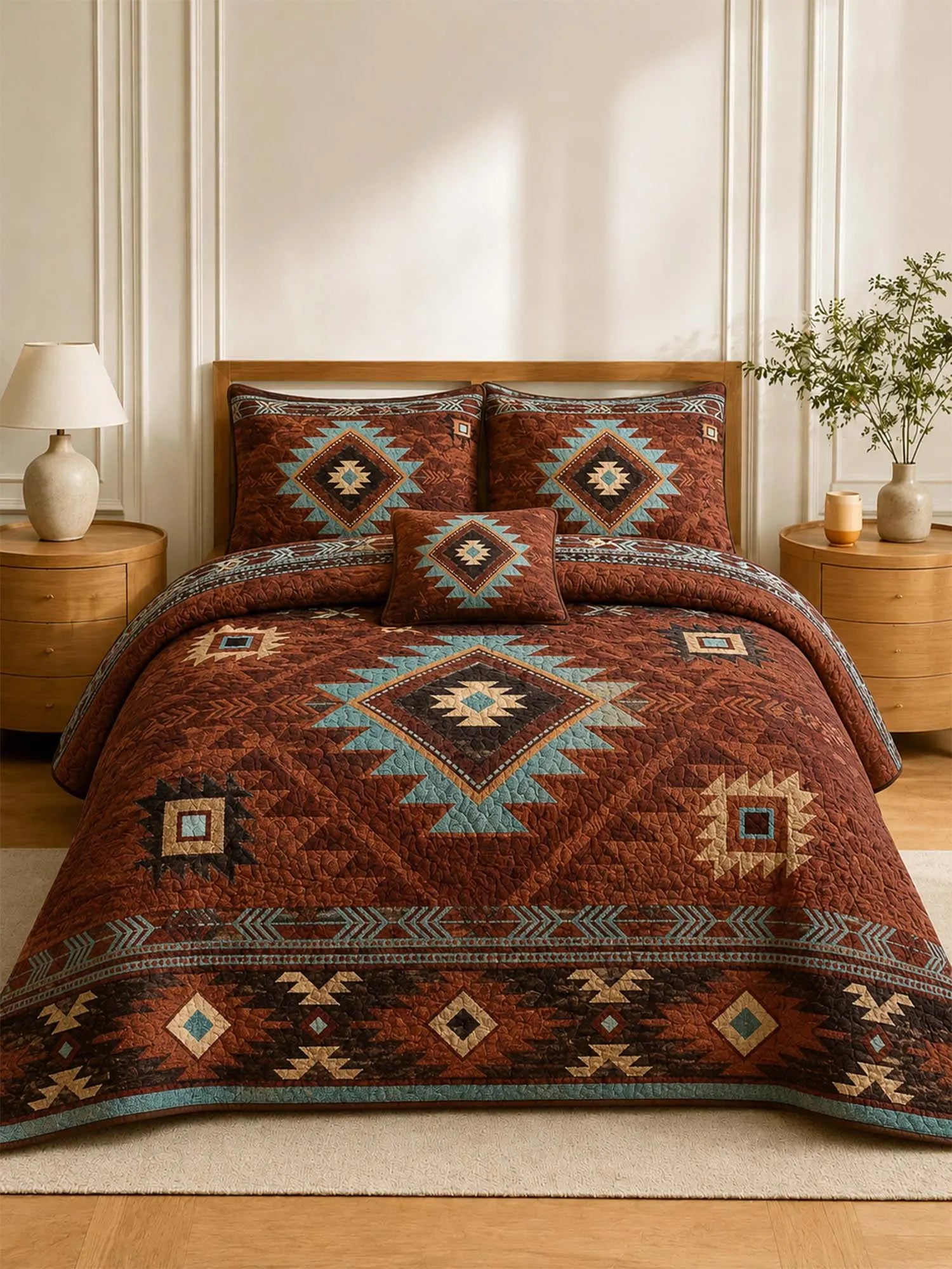 Southwestern Aztec Quilted 3-Piece Bedding Set – Rustic Luxury Quilted Bedding with Matching Pillow Shams