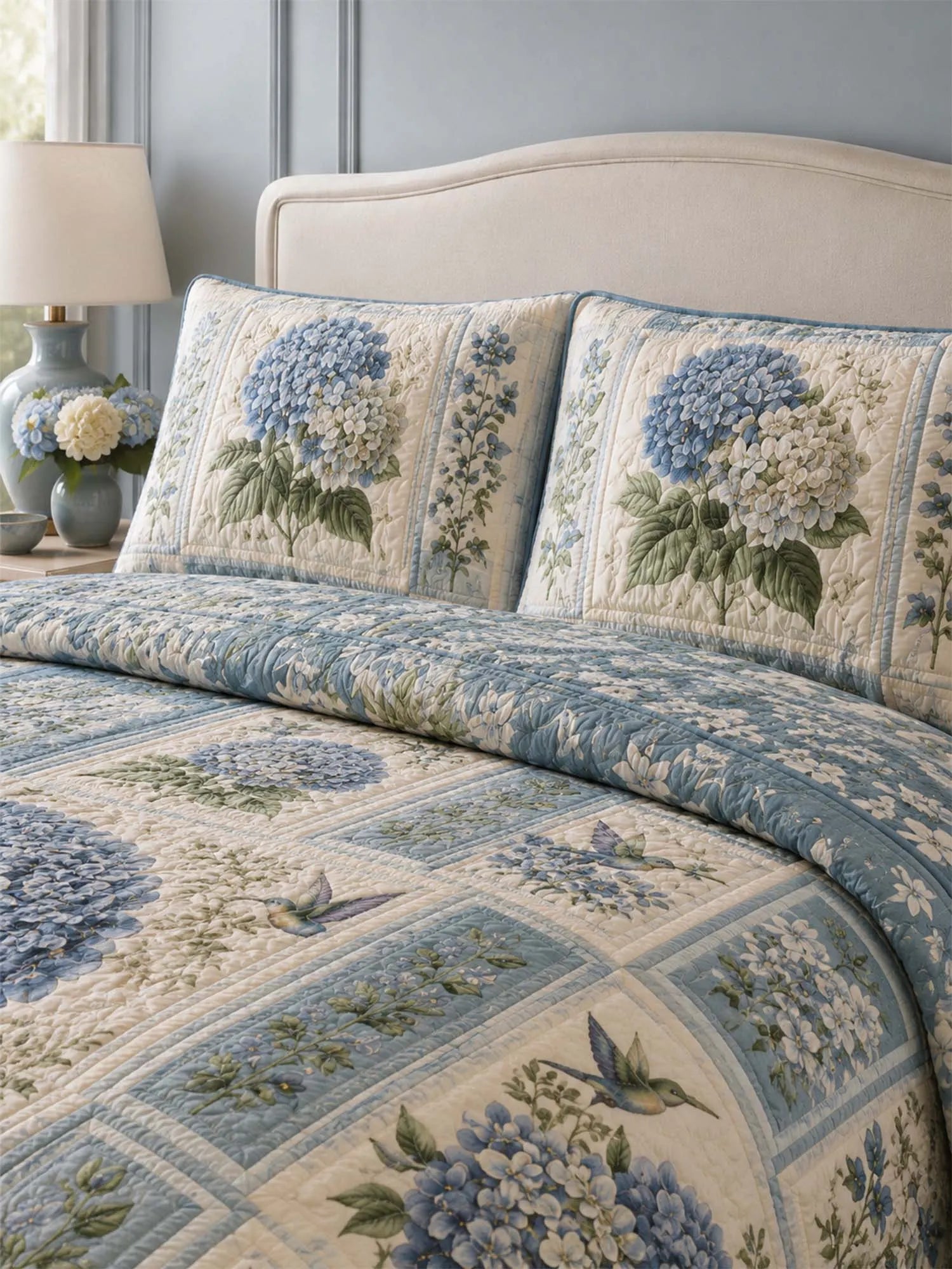 Blue Hydrangea Quilted 3-Piece Bedding Set – Classic Americana Quilted Bedding With Matching Pillow Shams