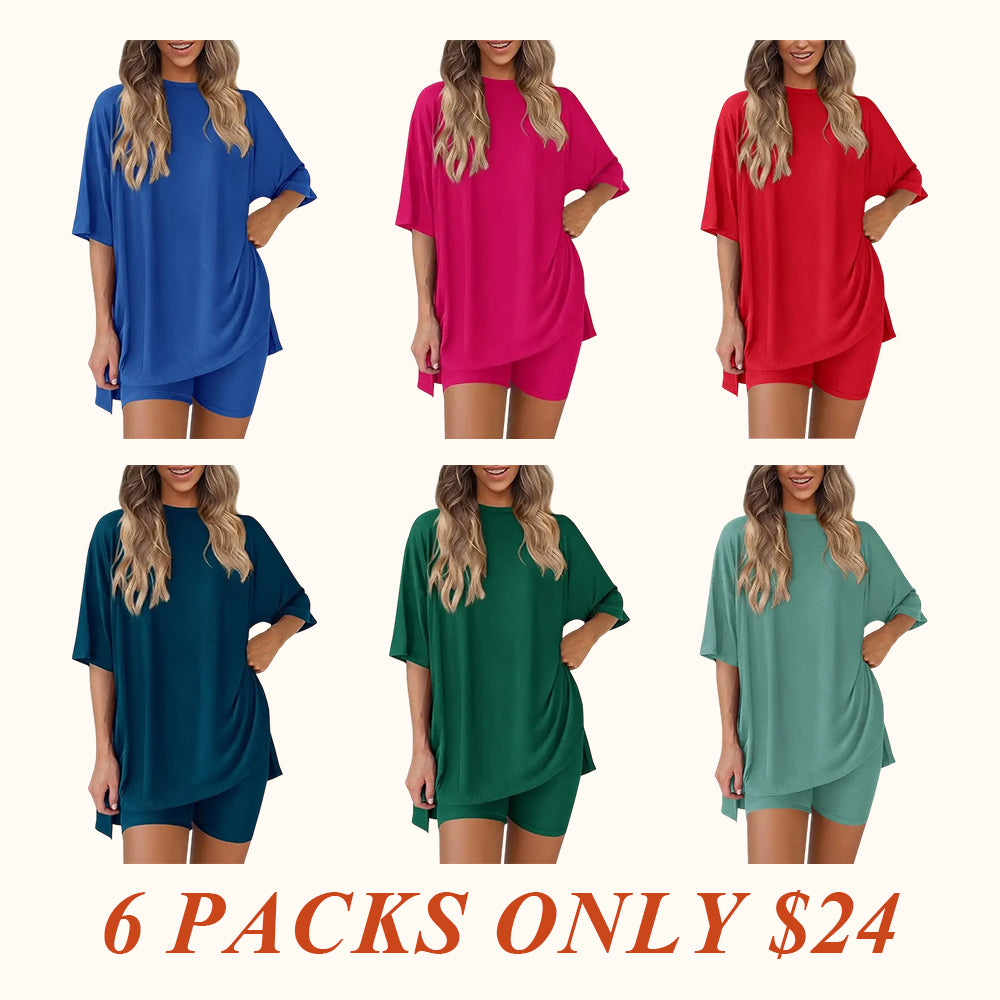 V Neck 2 Piece Sets for Women Summer Lounge Short Set Spring Matching Biker Shorts Oversized Shirt Clothing