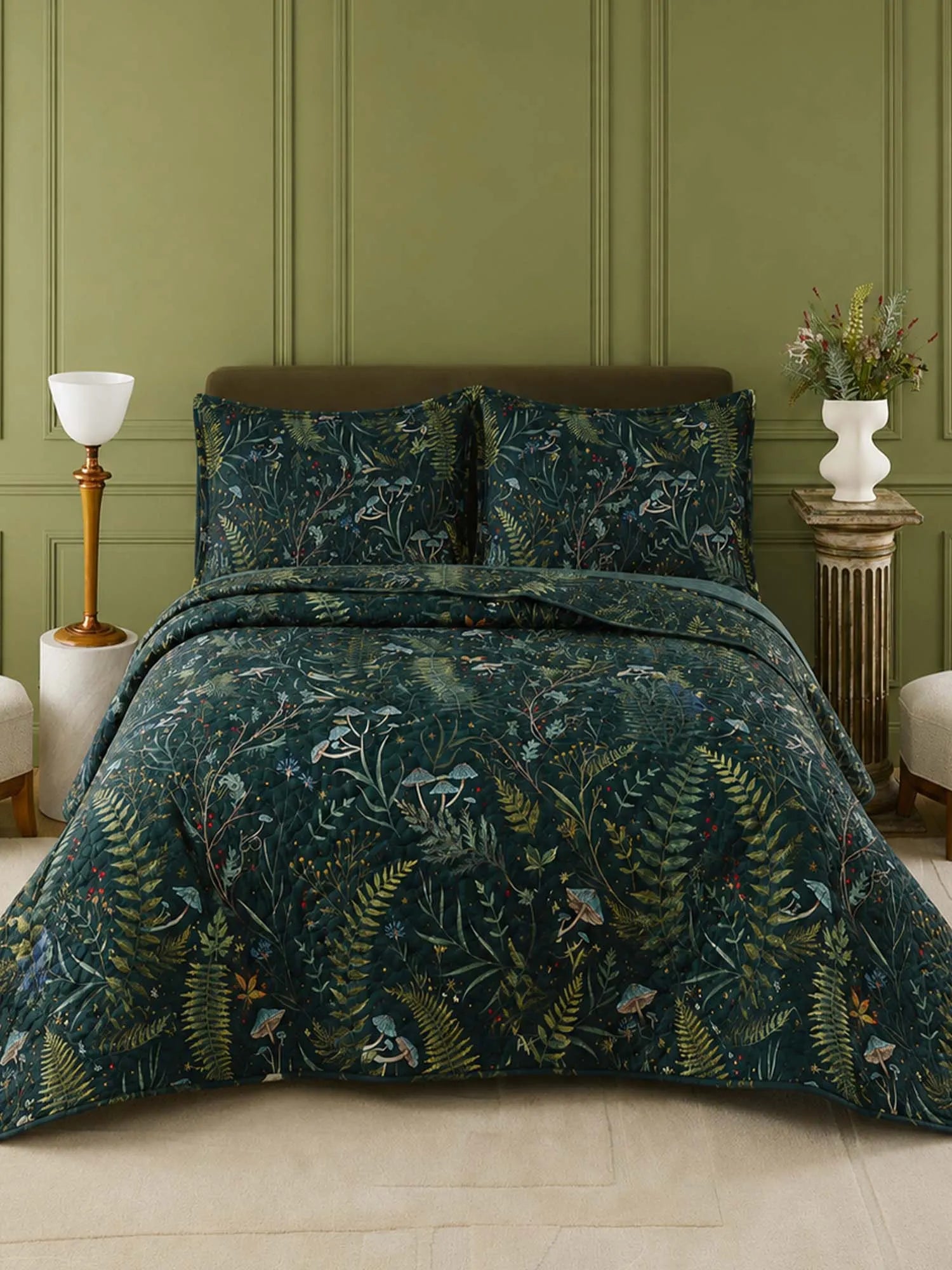 Enchanted Forest Mushroom Quilted 3-Piece Bedding Set – Dark Botanical Quilted Bedding With Matching Pillow Shams