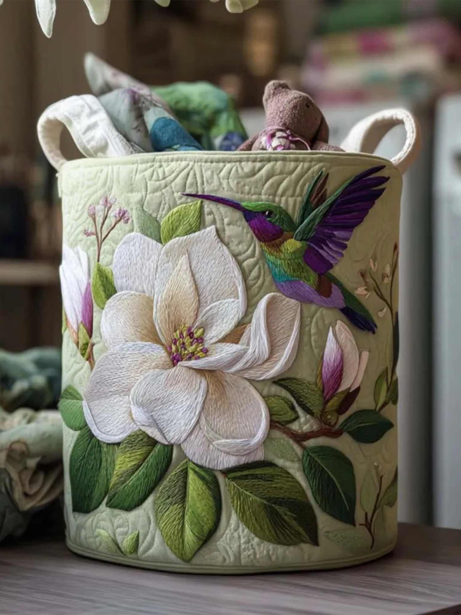 Whimsy Hummingbird Quilted Laundry Basket