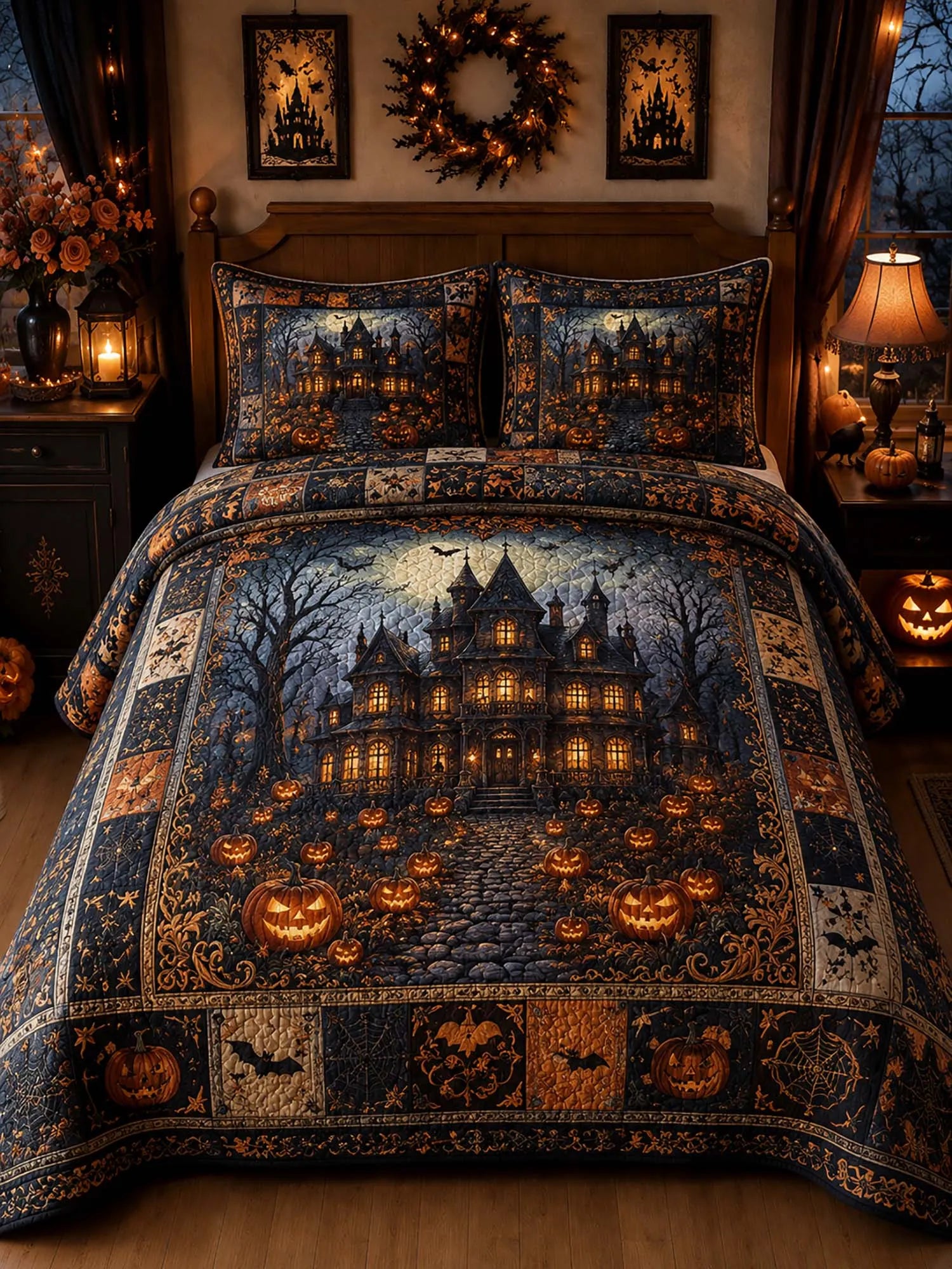 Vintage Halloween Haunted Mansion Pumpkin 3‐Piece Quilted Bedding Set