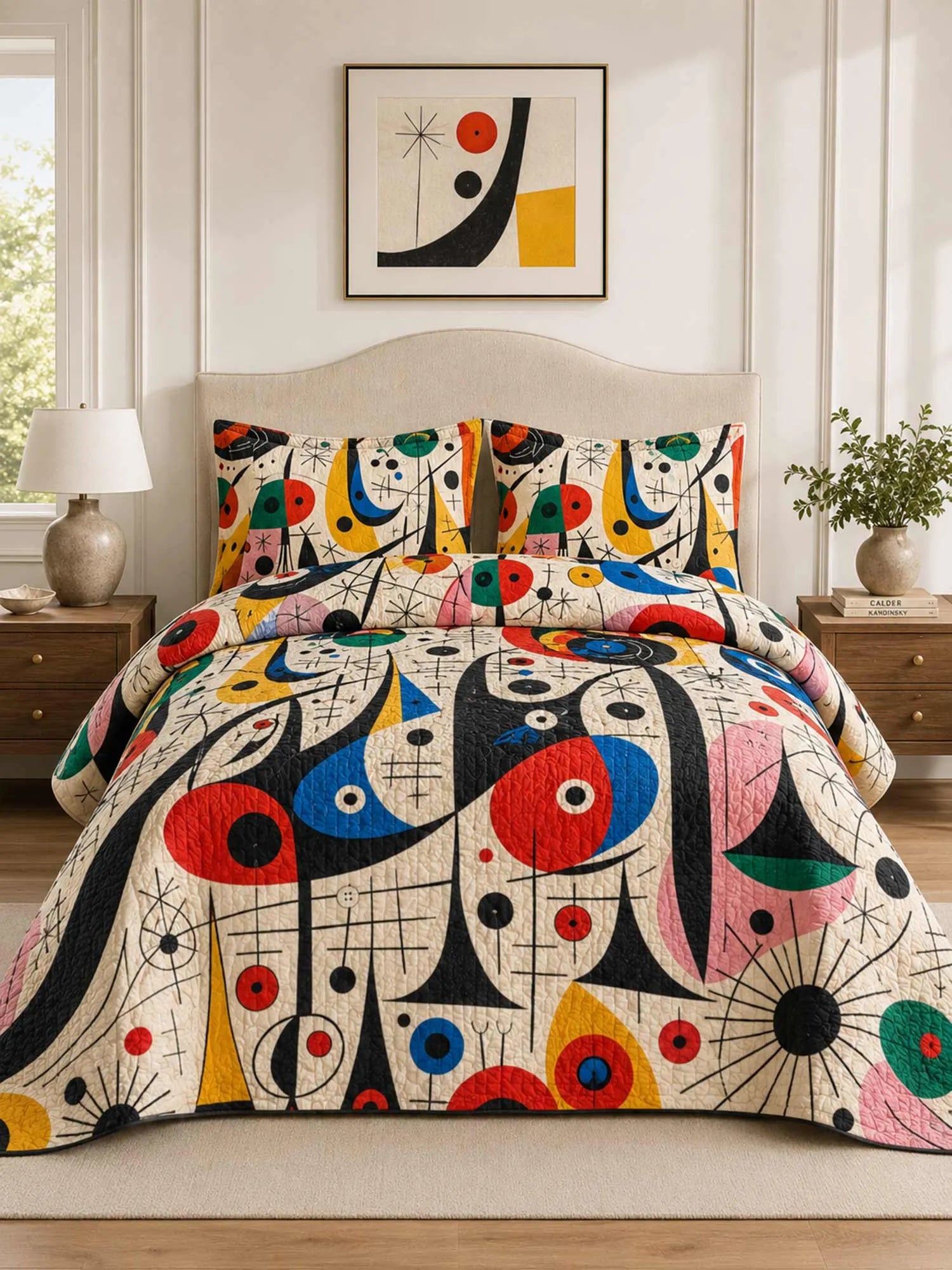 Miro‐Style Abstract Artwork Quilted 3‐Piece Bedding Set