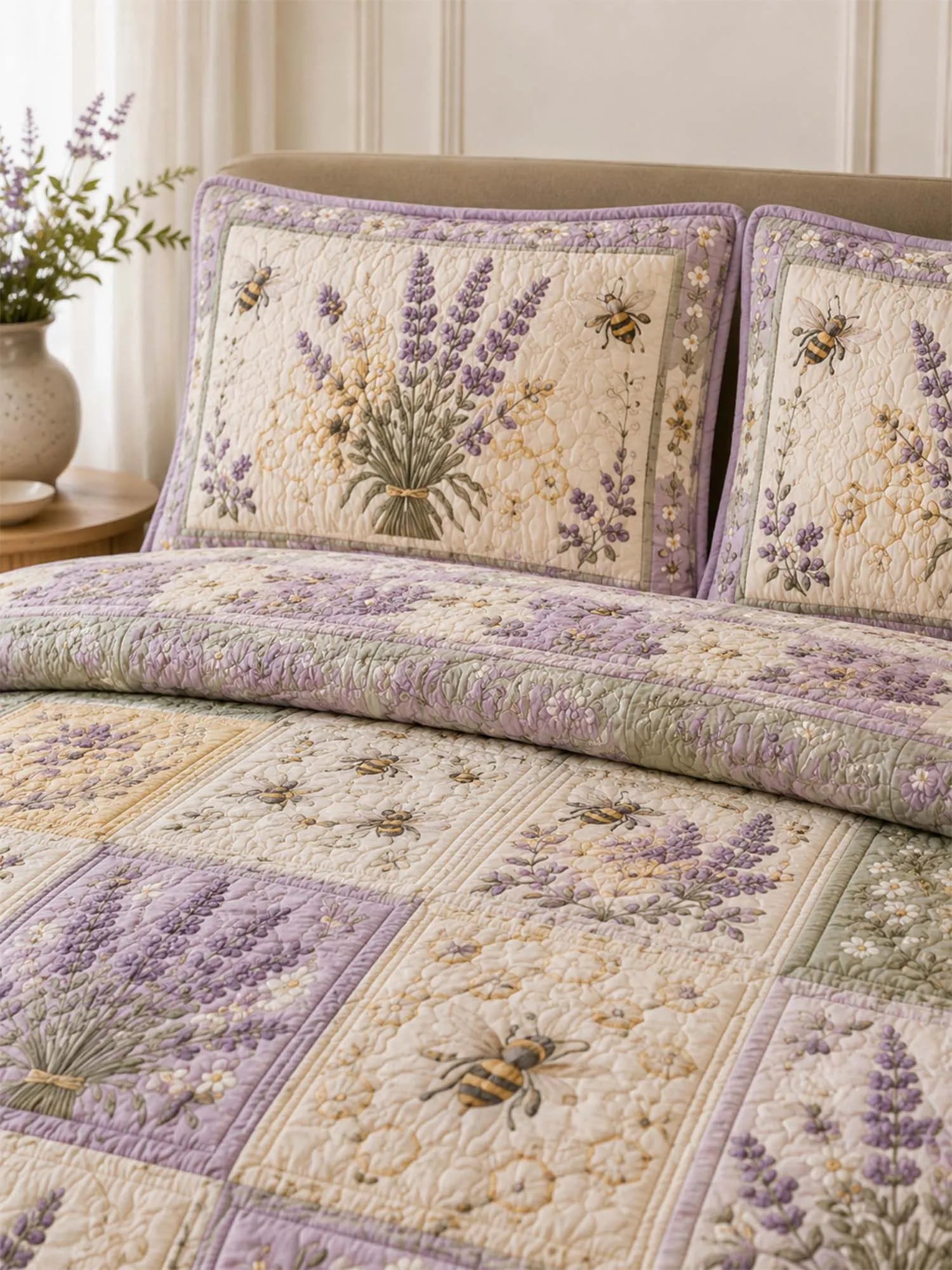 Lavender Bee Quilted 3-Piece Bedding Set – Classic Americana Quilted Bedding With Matching Pillow Shams