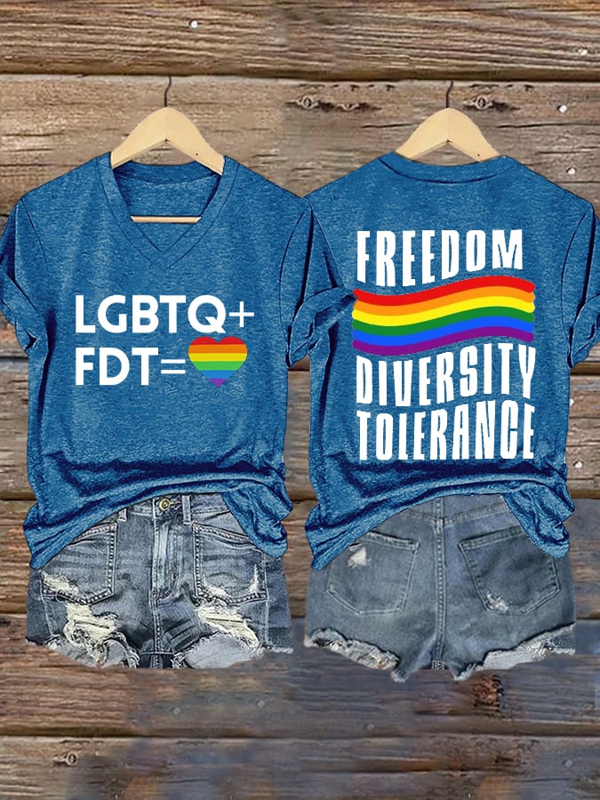 V-Neck Retro FDT Freedom Diversity Tolerance Print T-Shirt