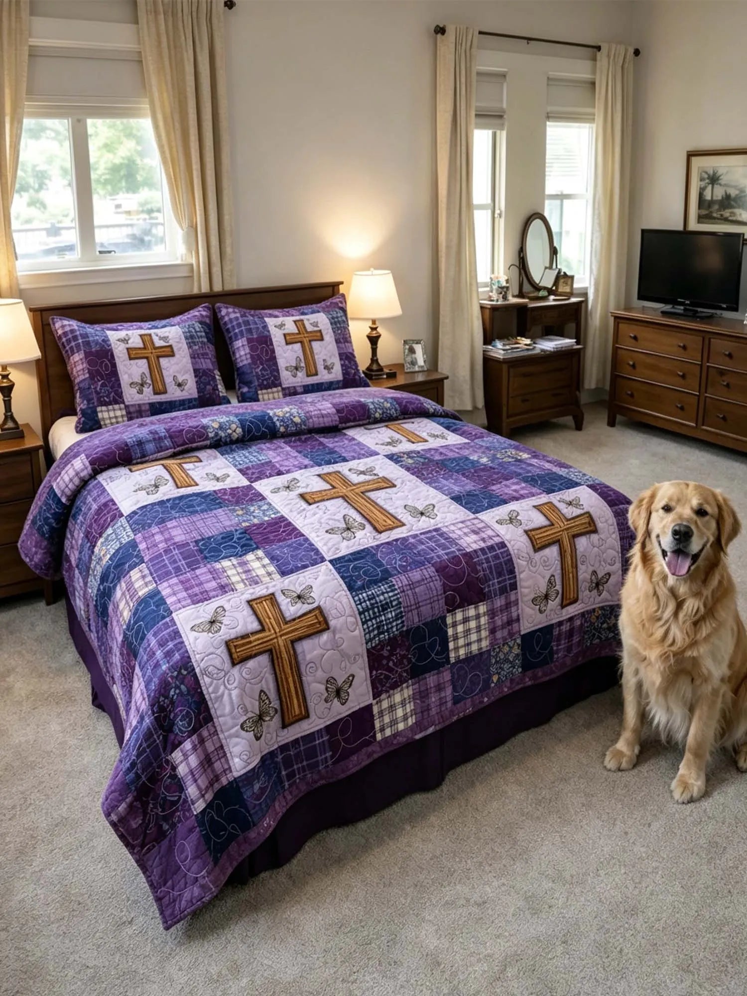 Purple Sash Cross 3-Piece Quilted Bedding Set