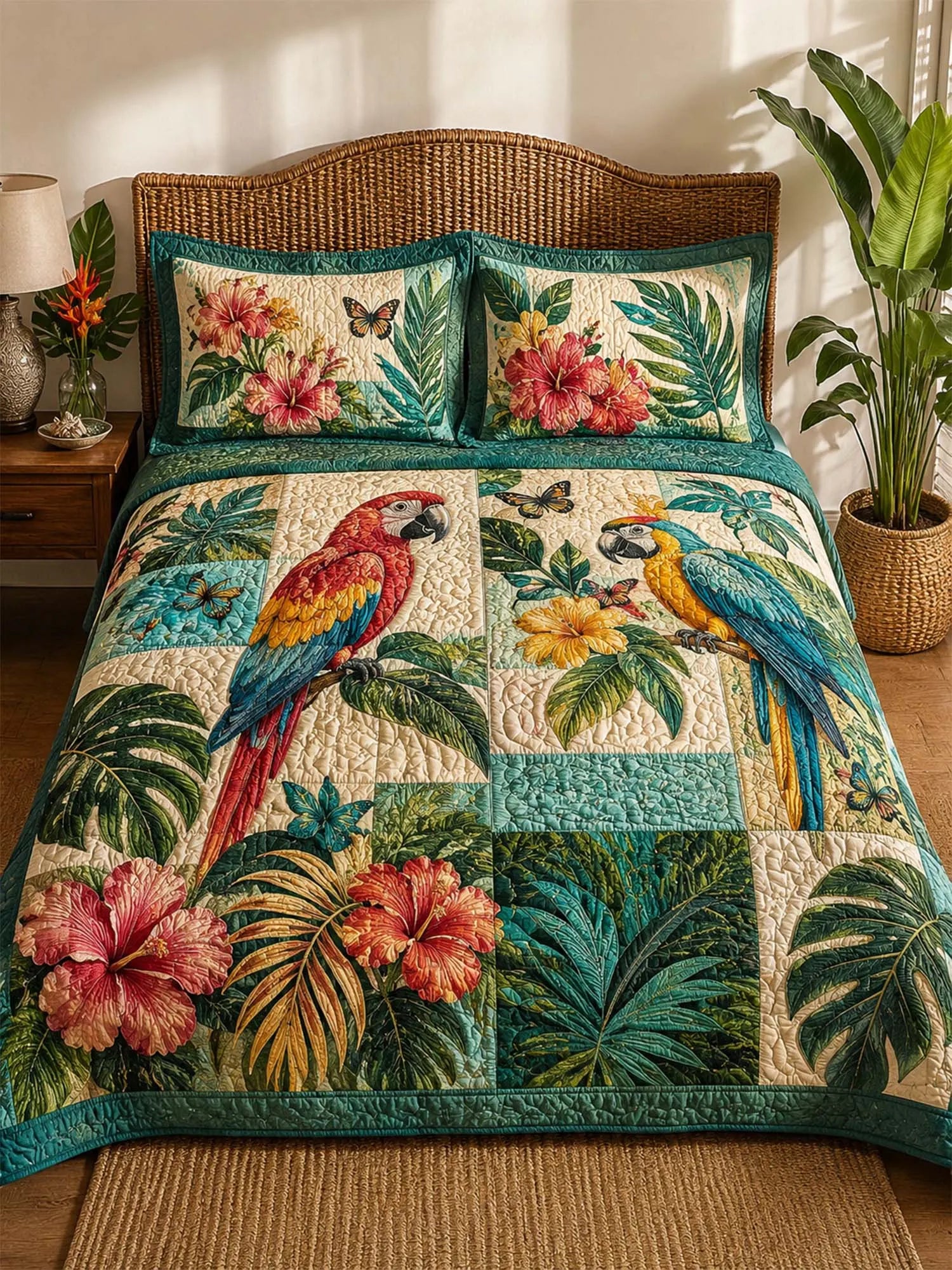 Tropical Parrot Botanical 3-Piece Quilted Bedding Set