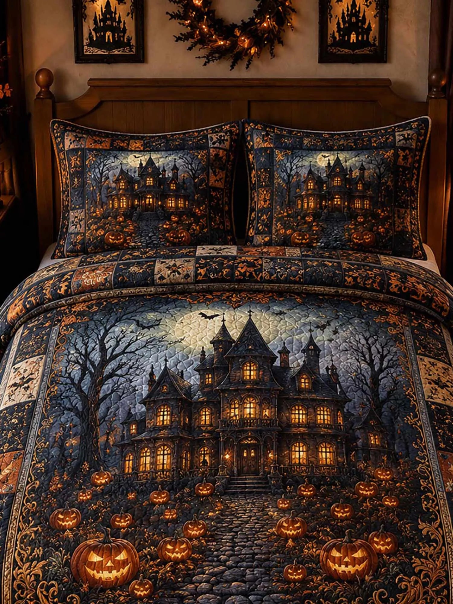 Vintage Halloween Haunted Mansion Pumpkin 3‐Piece Quilted Bedding Set
