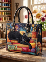 Books And Black Cat Quilted Leather Strap Bible Handbag