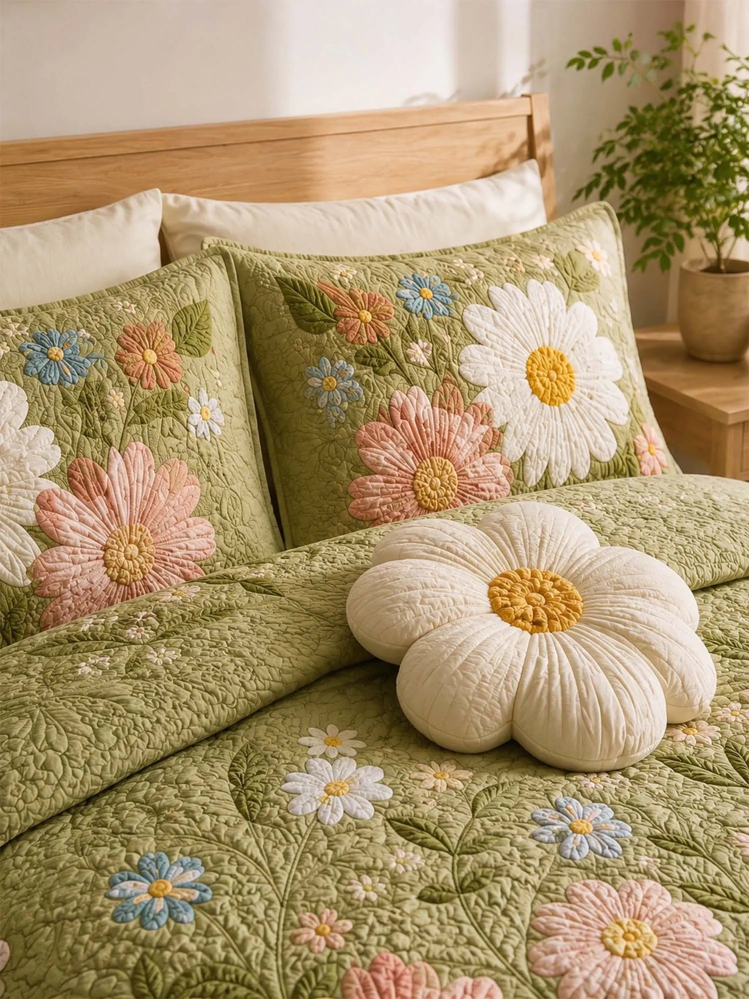 Daisy Floral Quilted 3-Piece Bedding Set – Luxury Quilted Bedding with Matching Pillow Shams